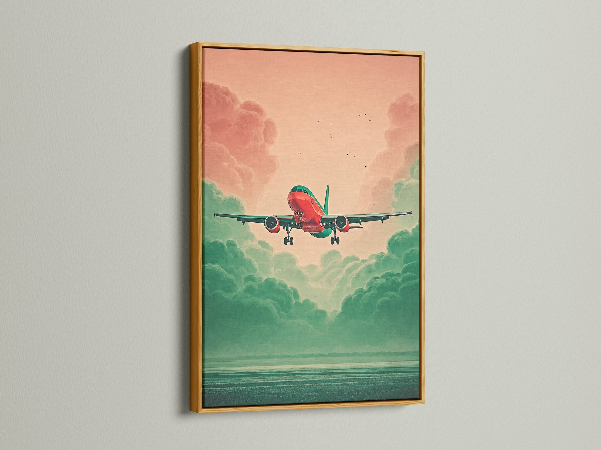 Aviation Wall Art with a gold frame. The artwork captures an airplane in a teal and coral sky. This aviation print is a luxurious addition to any space. This modern wall art is perfect for business owners. It complements minimalist or aviation-themed spaces. A perfect travel gift for loved ones