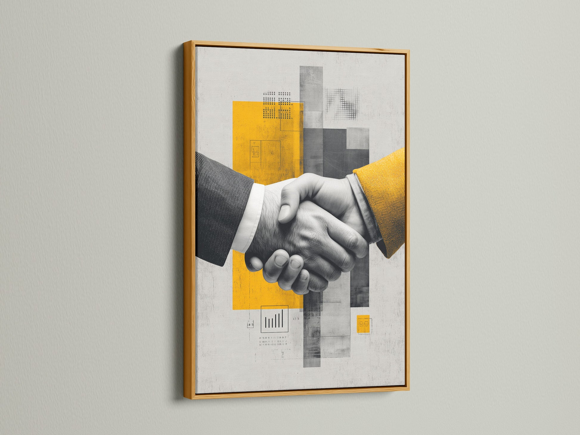 Business Handshake Art Print with a gold frame. The modern corporate artwork adds a touch of sophistication to your office. The print features yellow accents and a handshake motif. It symbolizes partnership and success.