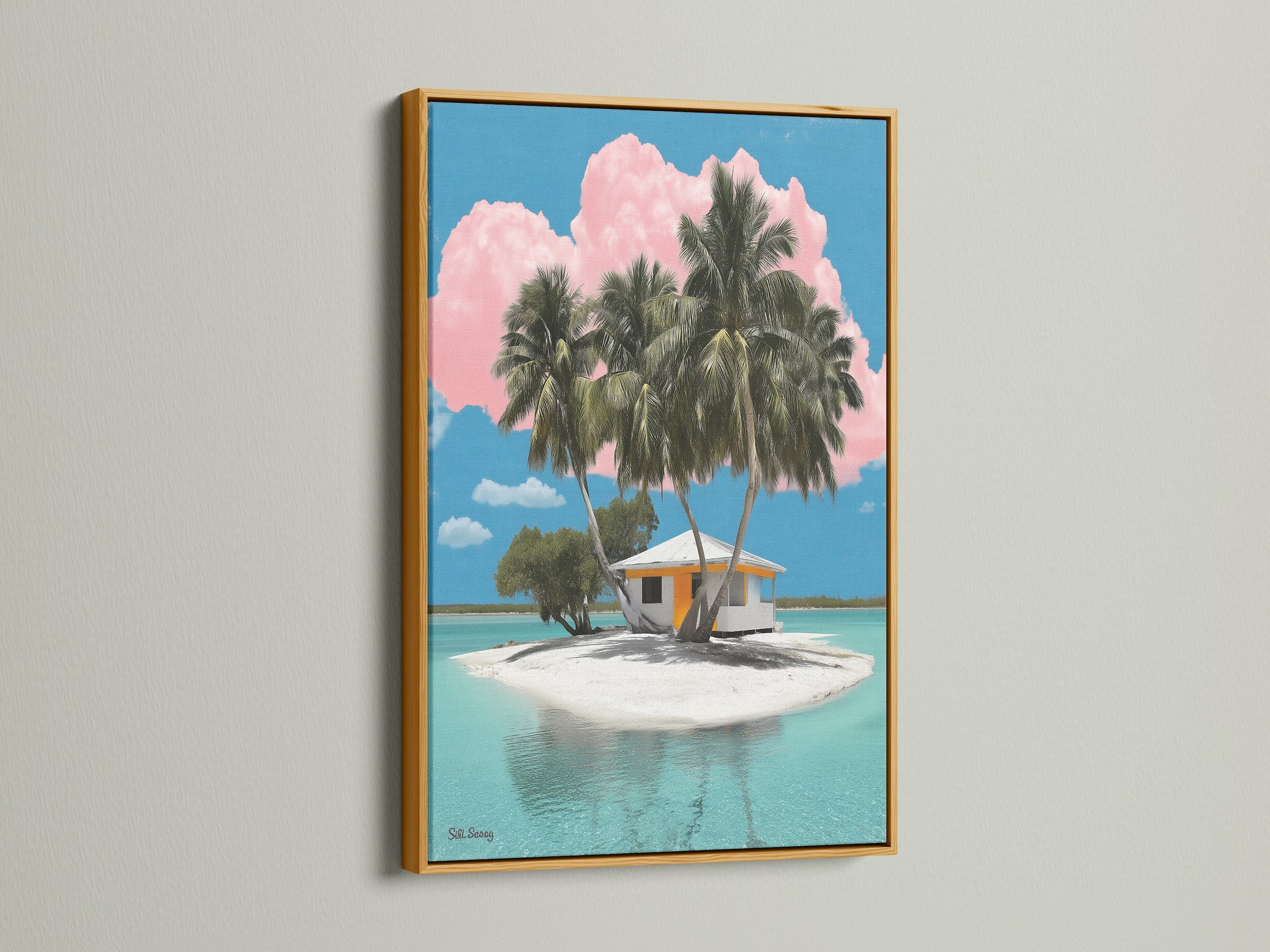 Our tropical island artwork is radiant in a gold frame. The gold frame adds a touch of luxury. It complements the turquoise waters and pink clouds. This artwork creates a stunning visual impact. It is perfect for adding a tropical elegance to your decor.