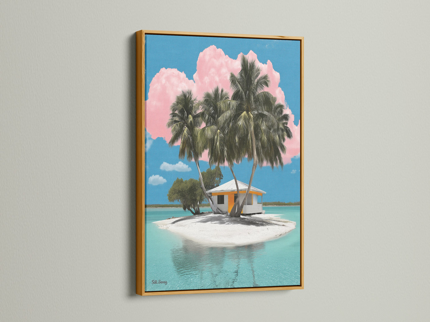 Our tropical island artwork is radiant in a gold frame. The gold frame adds a touch of luxury. It complements the turquoise waters and pink clouds. This artwork creates a stunning visual impact. It is perfect for adding a tropical elegance to your decor.
