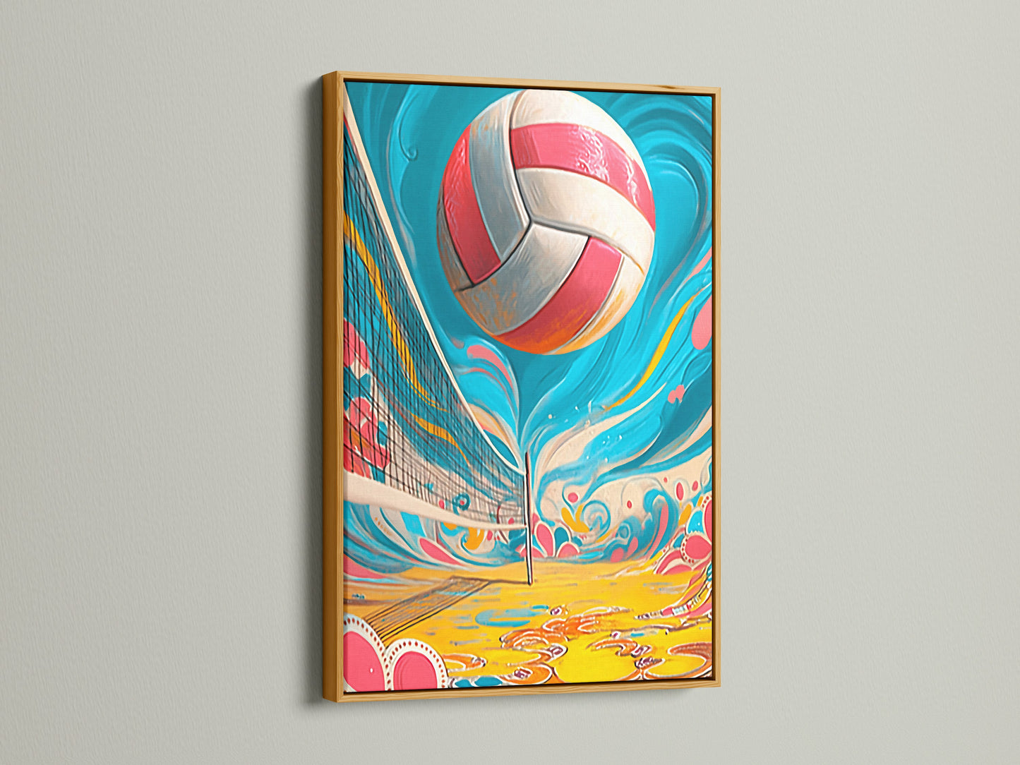 Volleyball beach artwork with a gold frame. This summer print brings a touch of luxury. Ideal for coastal artwork and teen room decor. The gold frame adds elegance to the sport artwork.