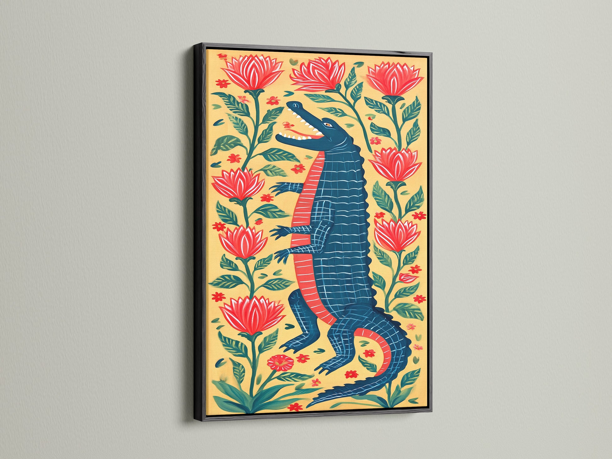 A framed alligator artwork with a sleek black frame. The artwork features a standing alligator among red flowers and greenery. This art adds a touch of sophistication to any room. A perfect blend of nature and art.