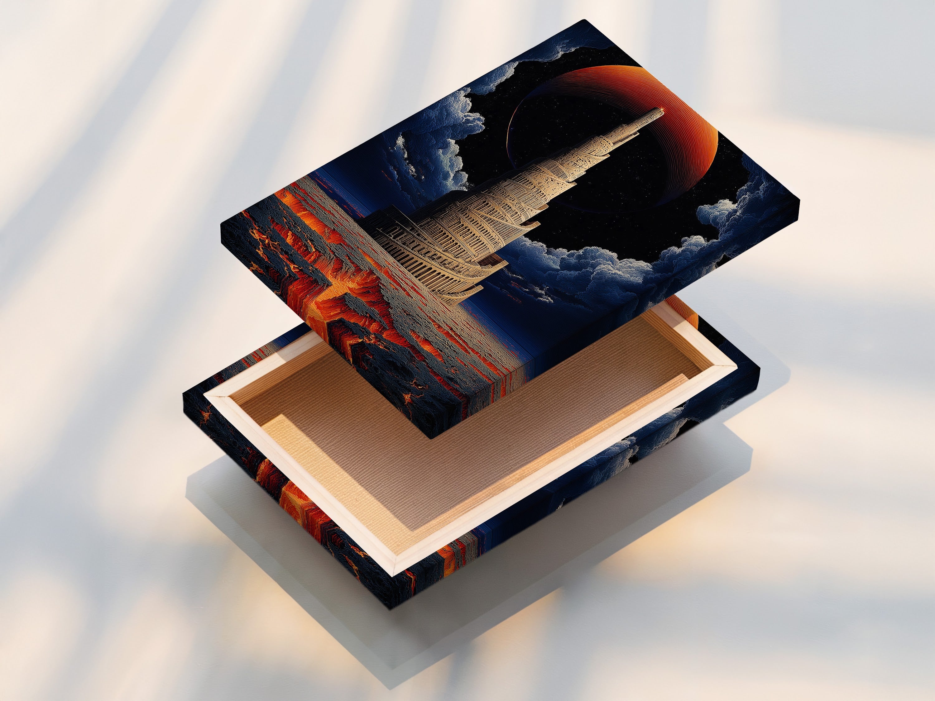 The stretched canvas print of the Tower of Babel artwork is ready to hang. This biblical architecture canvas is perfect for gothic and celestial themed interiors. The fantasy canvas art will transform your living room or creative workspace.