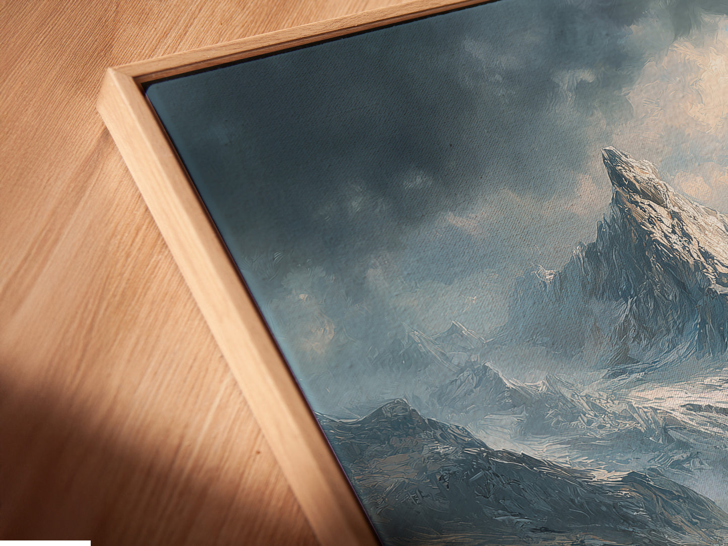 Angled close-up of a canvas print in a floating frame. The floating frame gives the artwork a modern look. The canvas print showcases intricate details. The frame is sleek and minimalist. It is a stylish way to display artwork. This adds depth and dimension to the piece.