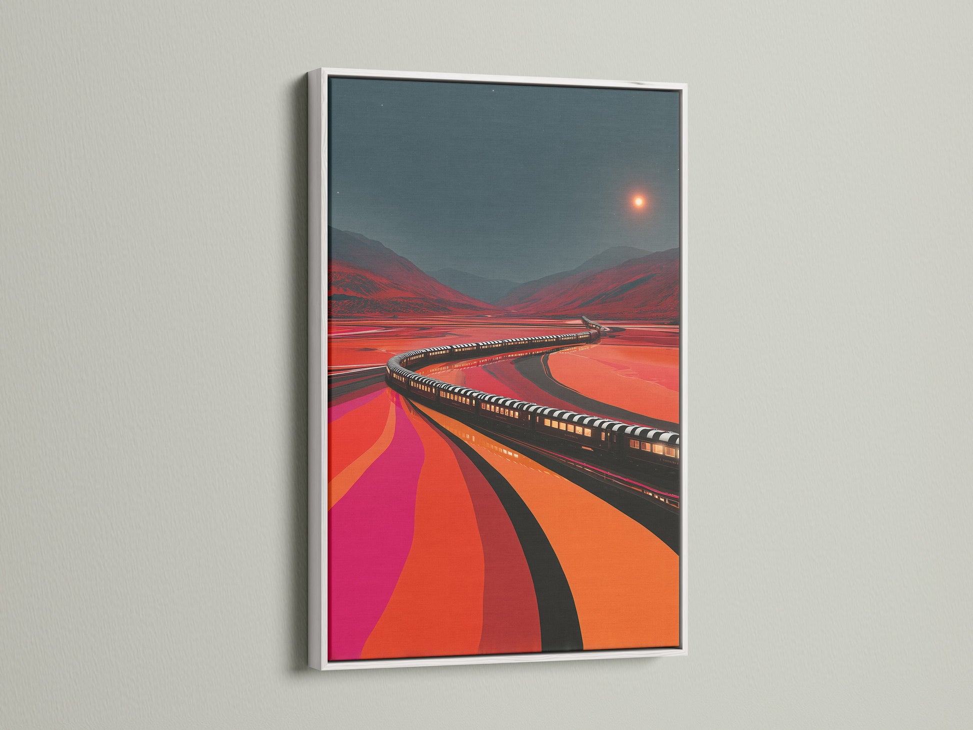 Train Journey artwork with a white frame. This earth tone travel poster suits modern interiors. It's great train canvas artwork for living rooms. Vintage travel posters add charm.