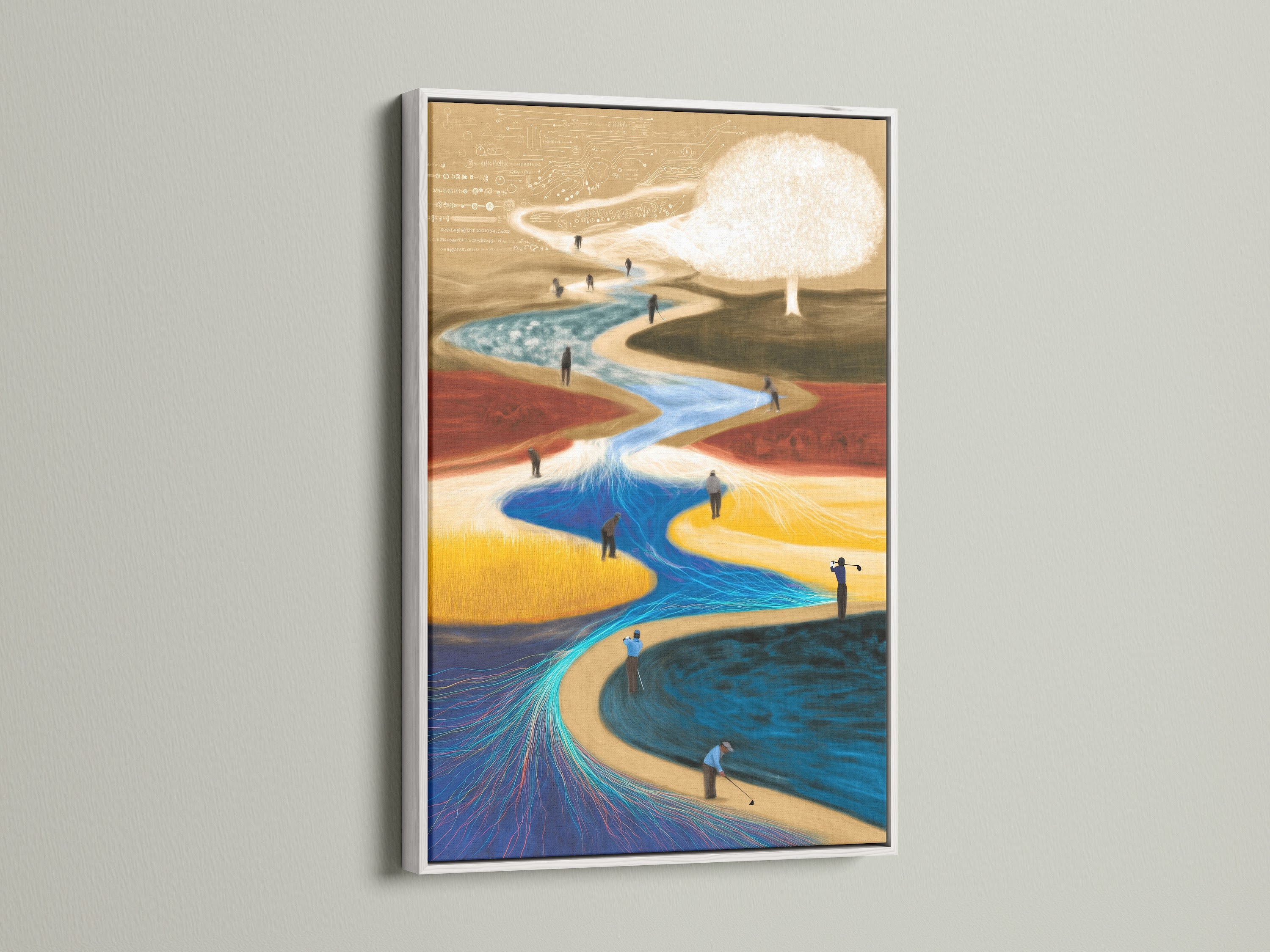 Abstract canvas print displayed in a white frame. The surreal landscape artwork brings a contemporary feel to any room. This flowing art print is ideal for modern wall decor. Notice the dreamscape elements.