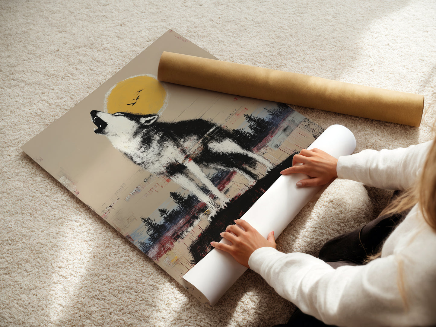 A woman is carefully rolling a fine art poster paper. The paper features a rustic wildlife artwork. It shows a howling wolf under the moon. Get your own high-quality fine art poster. Perfect for cabin decor or nature-themed rooms.
