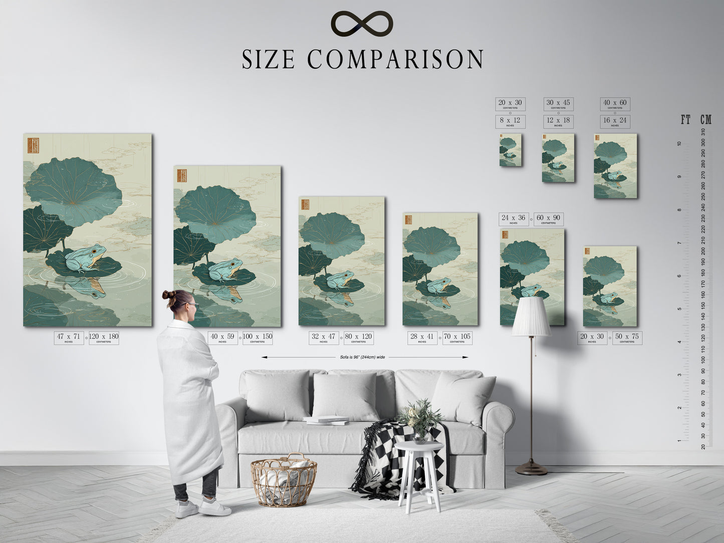 Size comparison chart displayed in an interior setting. Visualize the perfect artwork size for your space. This chart helps you choose the right dimensions. Find the ideal canvas print size for your room. Plan your interior decor with confidence. Explore our range of sizes for canvas prints and framed art.