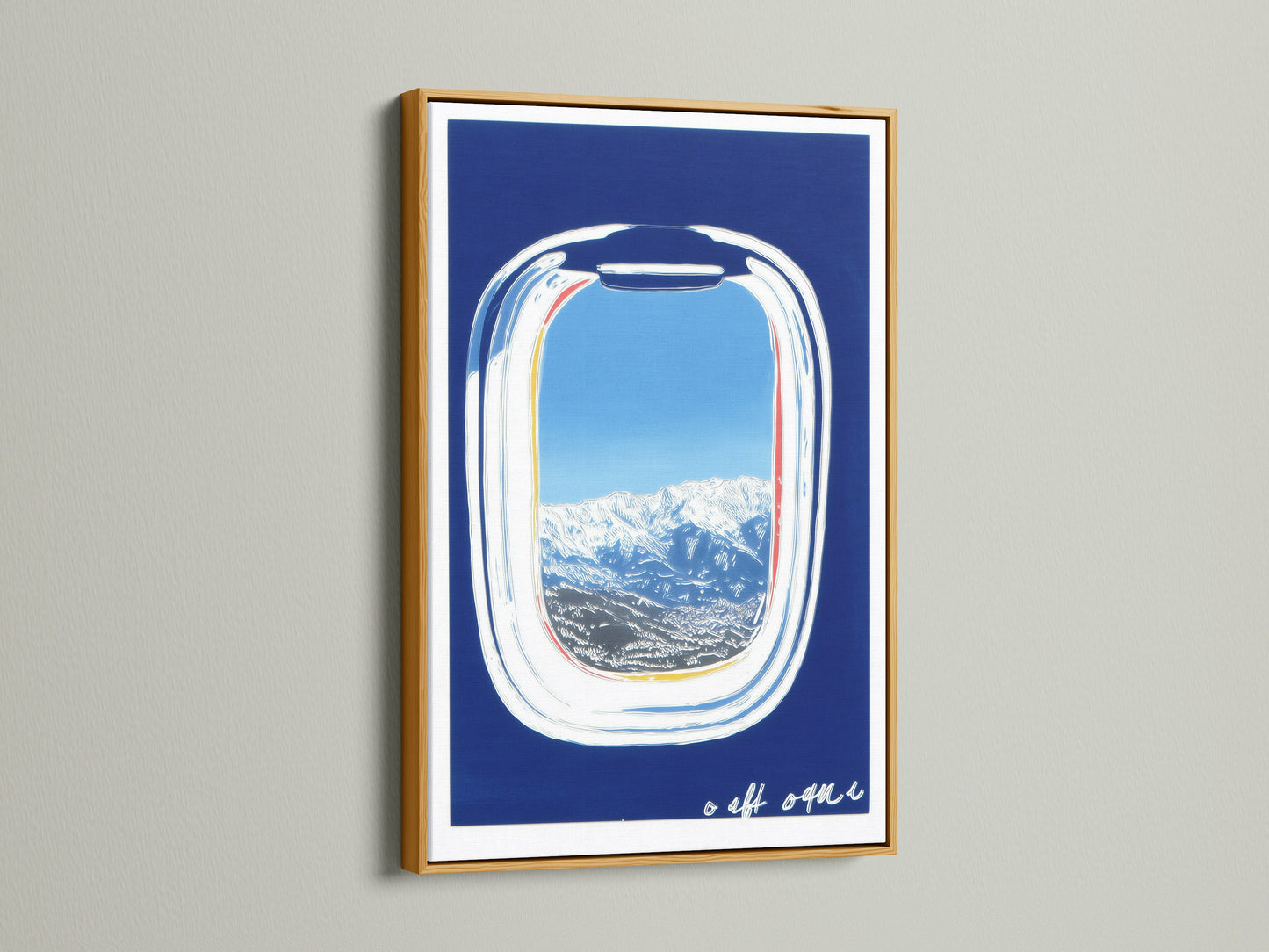 Artwork featuring an airplane window view in a gold frame. The art presents a captivating mountain scene with a blue sky backdrop. Perfect for homeowners seeking modern wall art. Elevate your space with this sky window view.