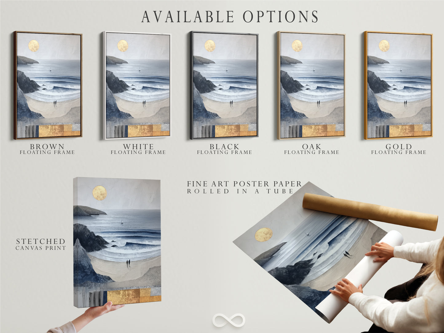 Available options include stretched canvas print fine art poster paper and floating frame. Customize your coastal artwork to fit your style. Choose the perfect format for your seascape print. Create your ideal modern art print today.