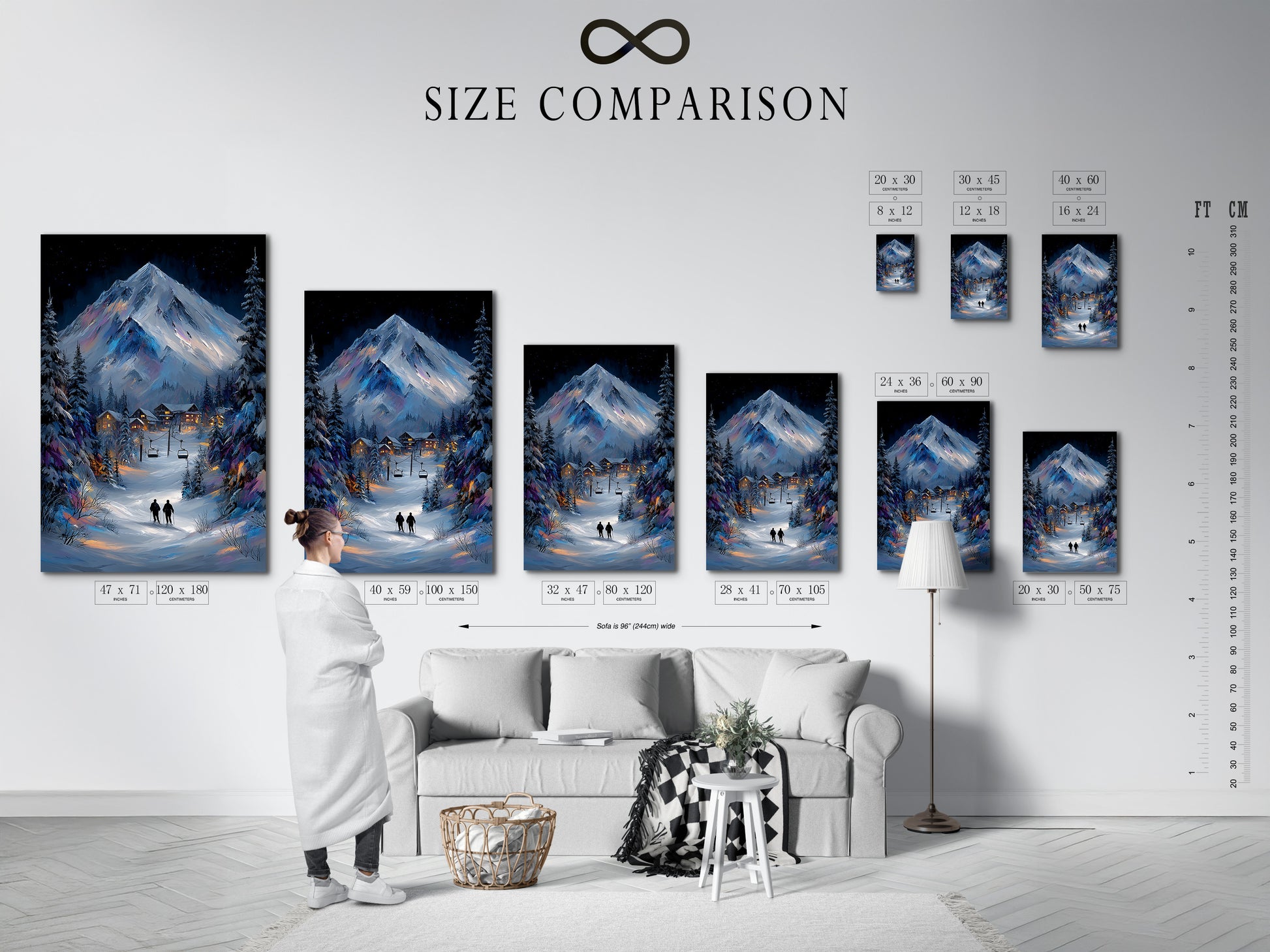 See our size comparison chart in an interior setting. Visualize the perfect fit for your space. Choose the ideal size for your winter mountain artwork. Enhance your ski lodge decor with the right sized canvas print or fine art poster.