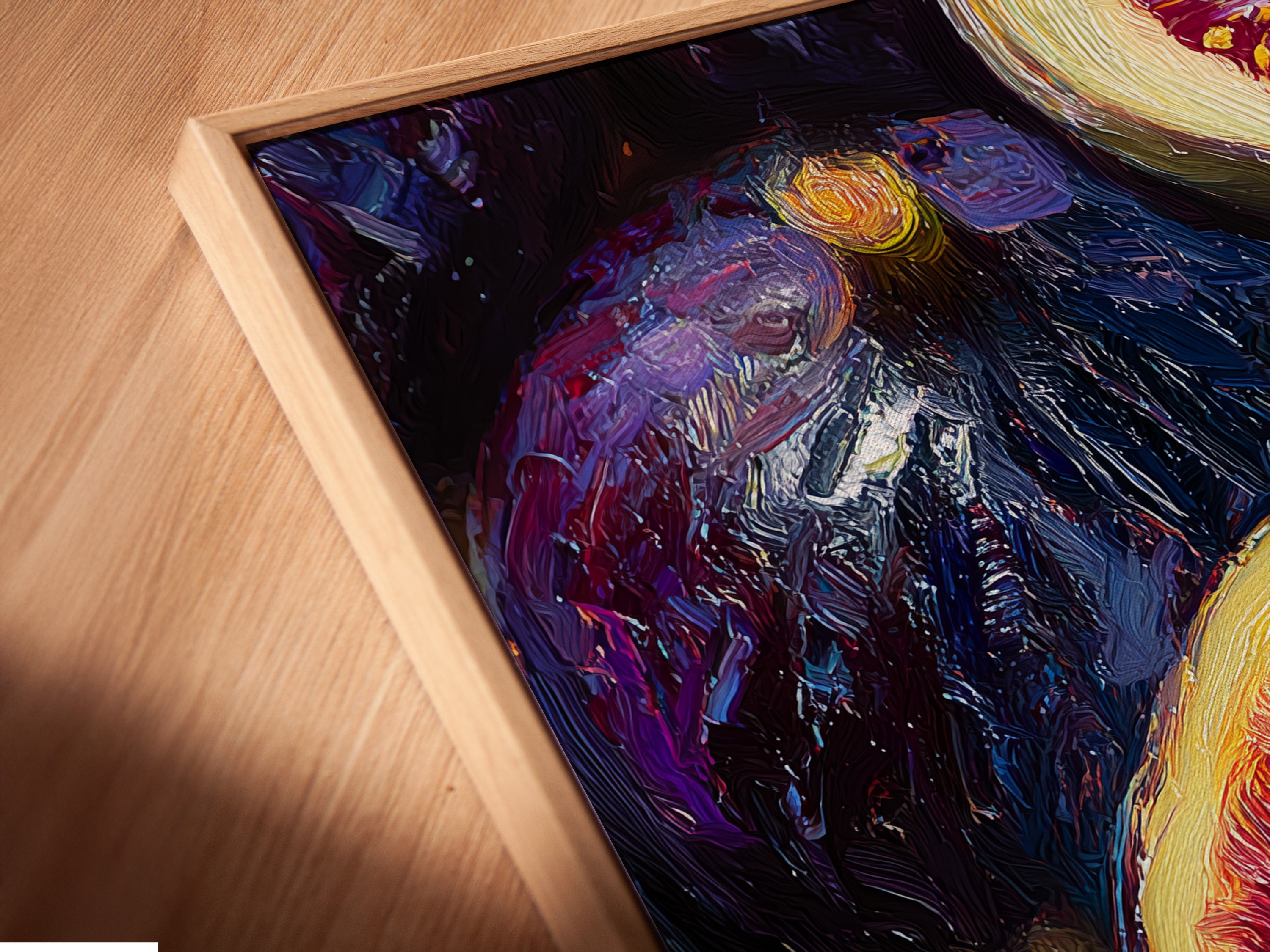 Angled close-up reveals a canvas print. The print is displayed in a floating frame. The frame enhances the art. Experience depth and sophistication with this unique framing style. Perfect for modern art lovers.