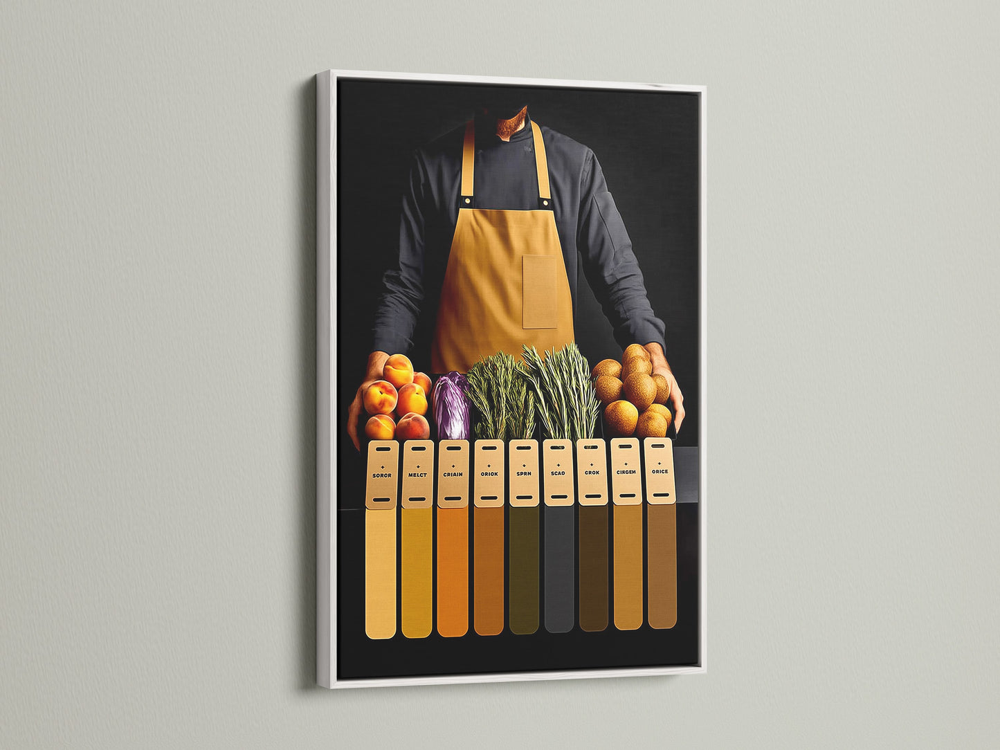 Modern food art in a white frame. This culinary canvas is kitchen wall art. The gourmet art is ideal for dining room decor. This artwork enhances any kitchen. Perfect for chefs restaurant owners and home cooks. Elevate your space with savory art.