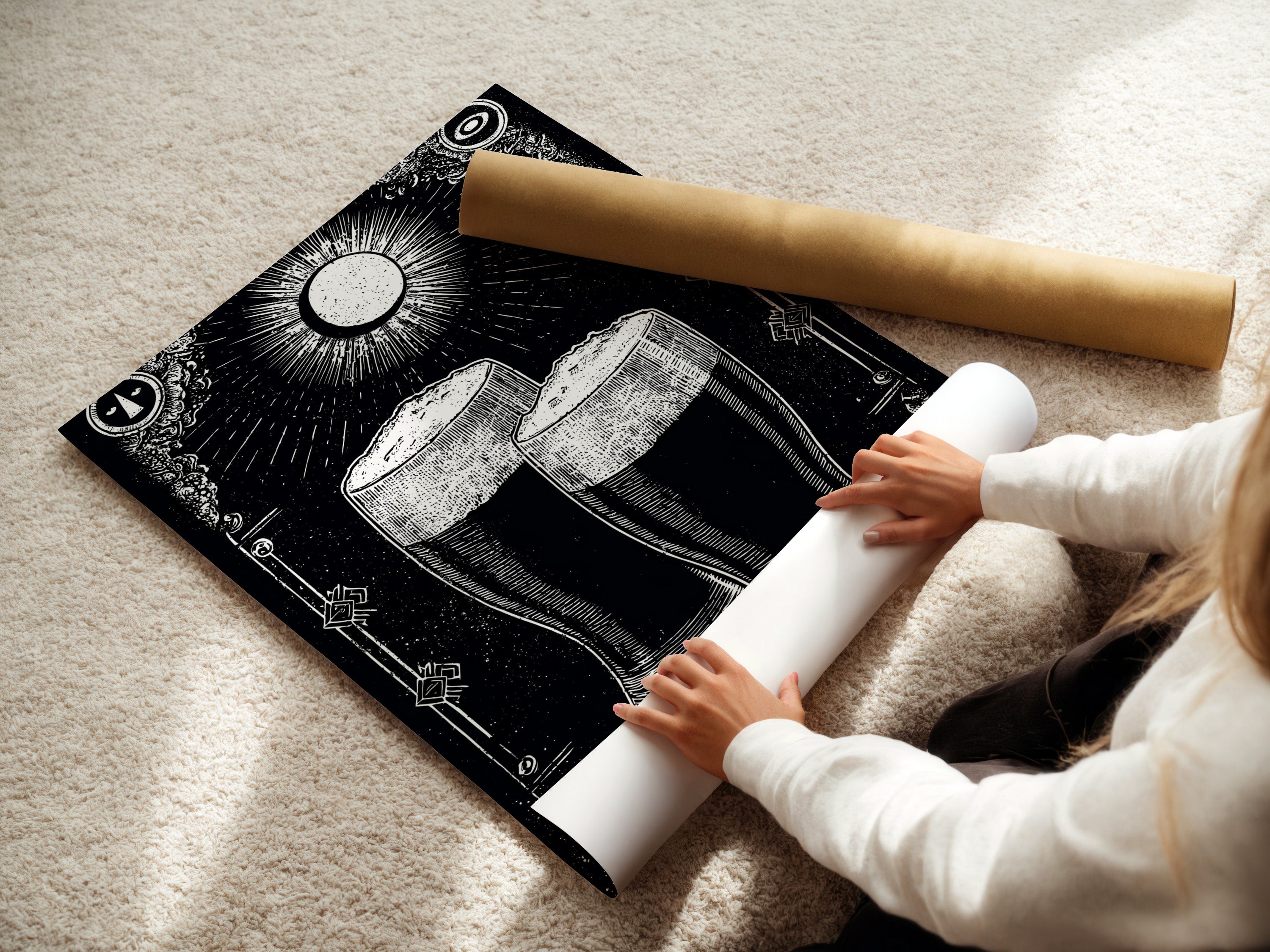 Woman rolling a fine art poster paper. The poster paper is high quality. It is ready for framing or displaying as is. Perfect for art enthusiasts who appreciate fine details and craftsmanship in their artwork.