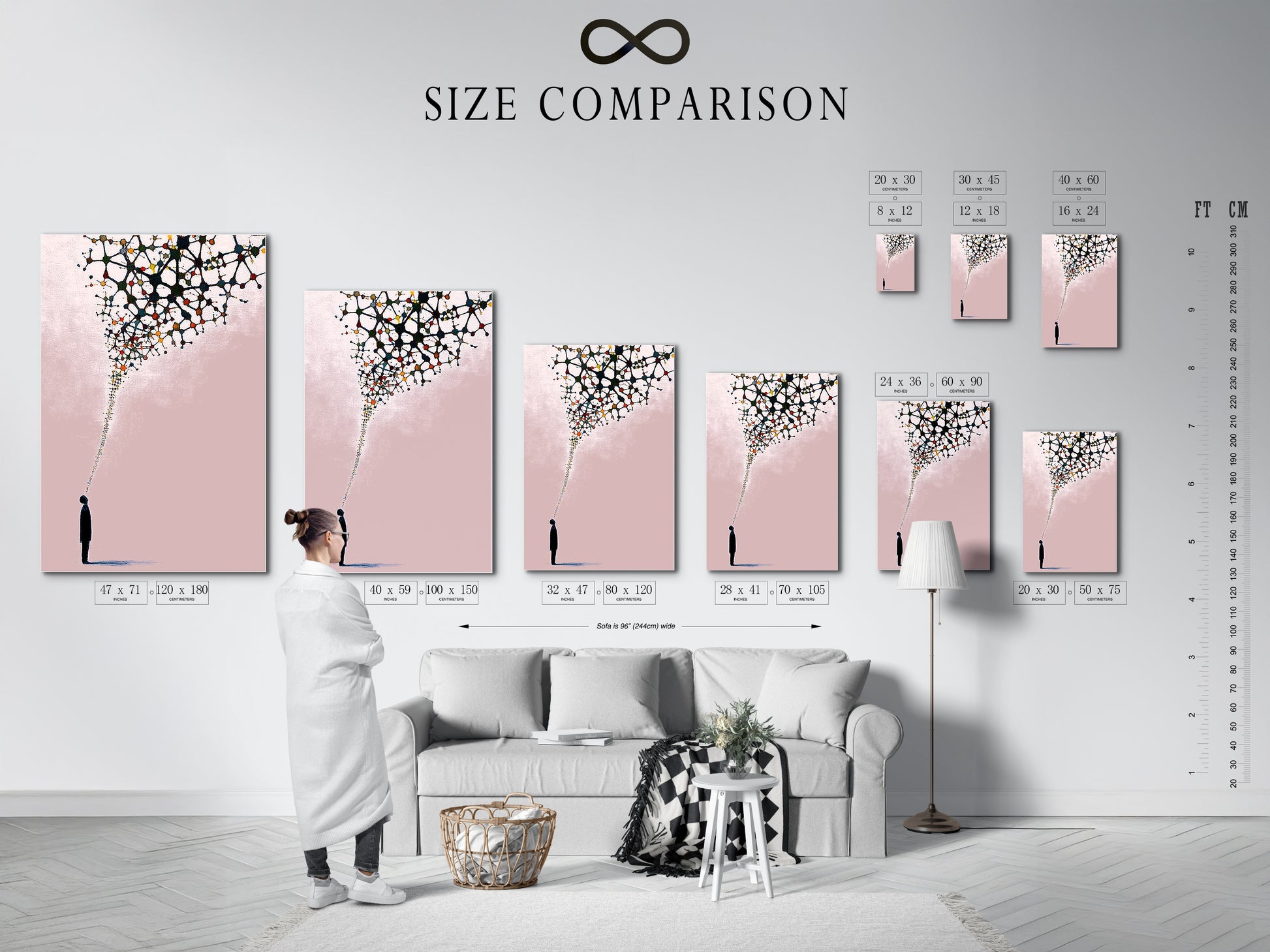 A size comparison chart is shown in an interior setting. This helps visualize the artwork in different spaces. The abstract silhouette art print is available in various sizes. Find the perfect fit for your wall decor needs.
