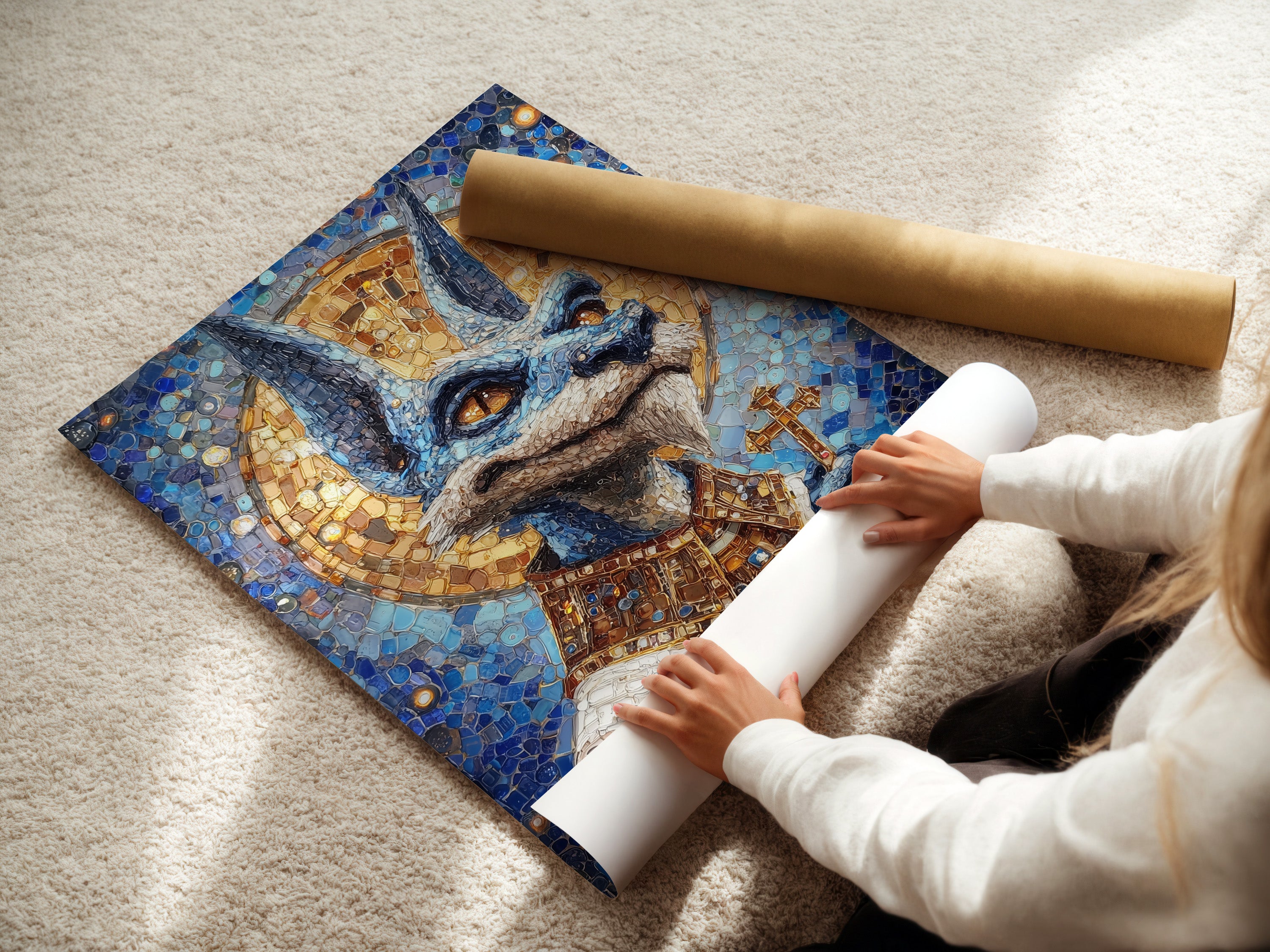 A woman is carefully rolling a fine art poster paper. The paper features the Anubis Mosaic Artwork Print. This is an Egyptian God Art piece. It features blue and gold religious imagery. The poster paper is a great option for various displays.