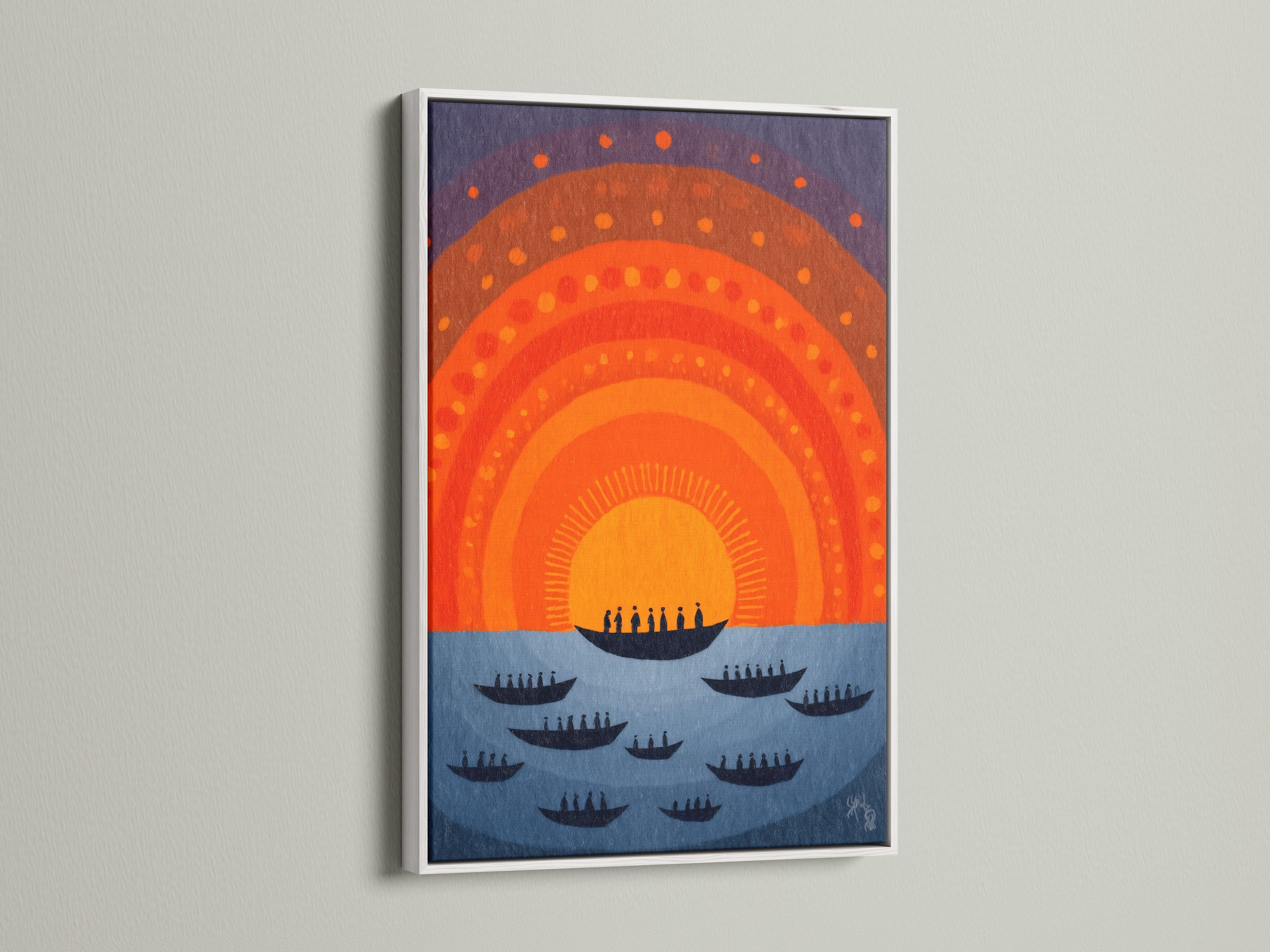 Sunset Boats artwork displayed in a white frame. The geometric sun art creates a stunning visual impact. This orange and blue art complements bohemian eclectic and Scandinavian interiors. Discover this vintage poster art today.