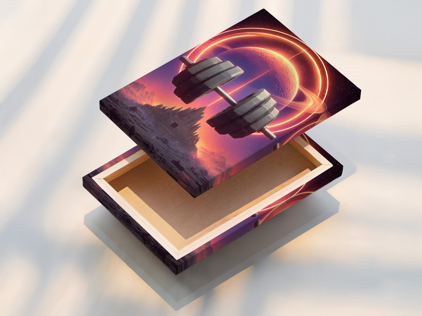 This is a stretched canvas print of the sci-fi gym art. It is ready to hang and enjoy as fitness wall art. Ideal for home gym decor. It offers daily workout motivation.