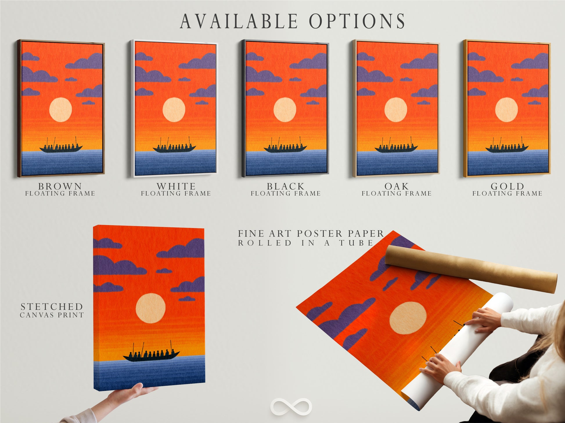 Available options for the Sunset Boat artwork. Choose from a stretched canvas print a fine art poster paper or a floating frame. Customize your artwork to match your style. Explore our options and create your perfect piece.