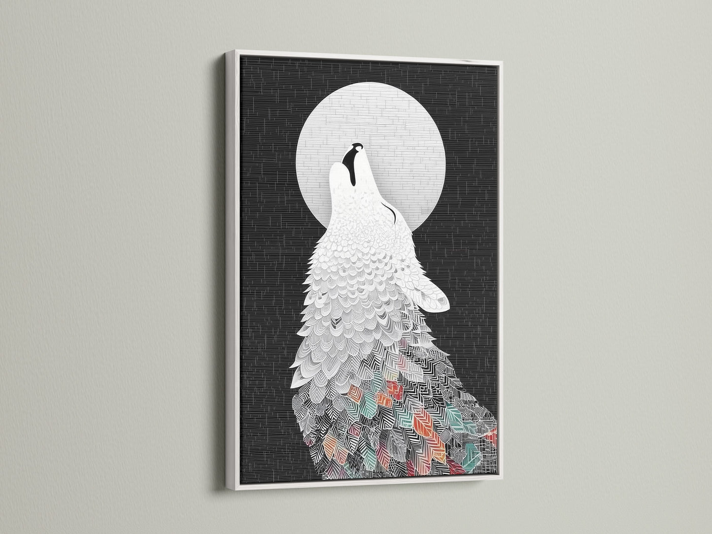 Enhance your home with the Wolf Howling at Moon artwork. This stunning piece is set in a white frame. Its abstract animal design adds modern flair. The black and white tones complement any style. Ideal for a serene bedroom or office. This canvas print brings nature inside.