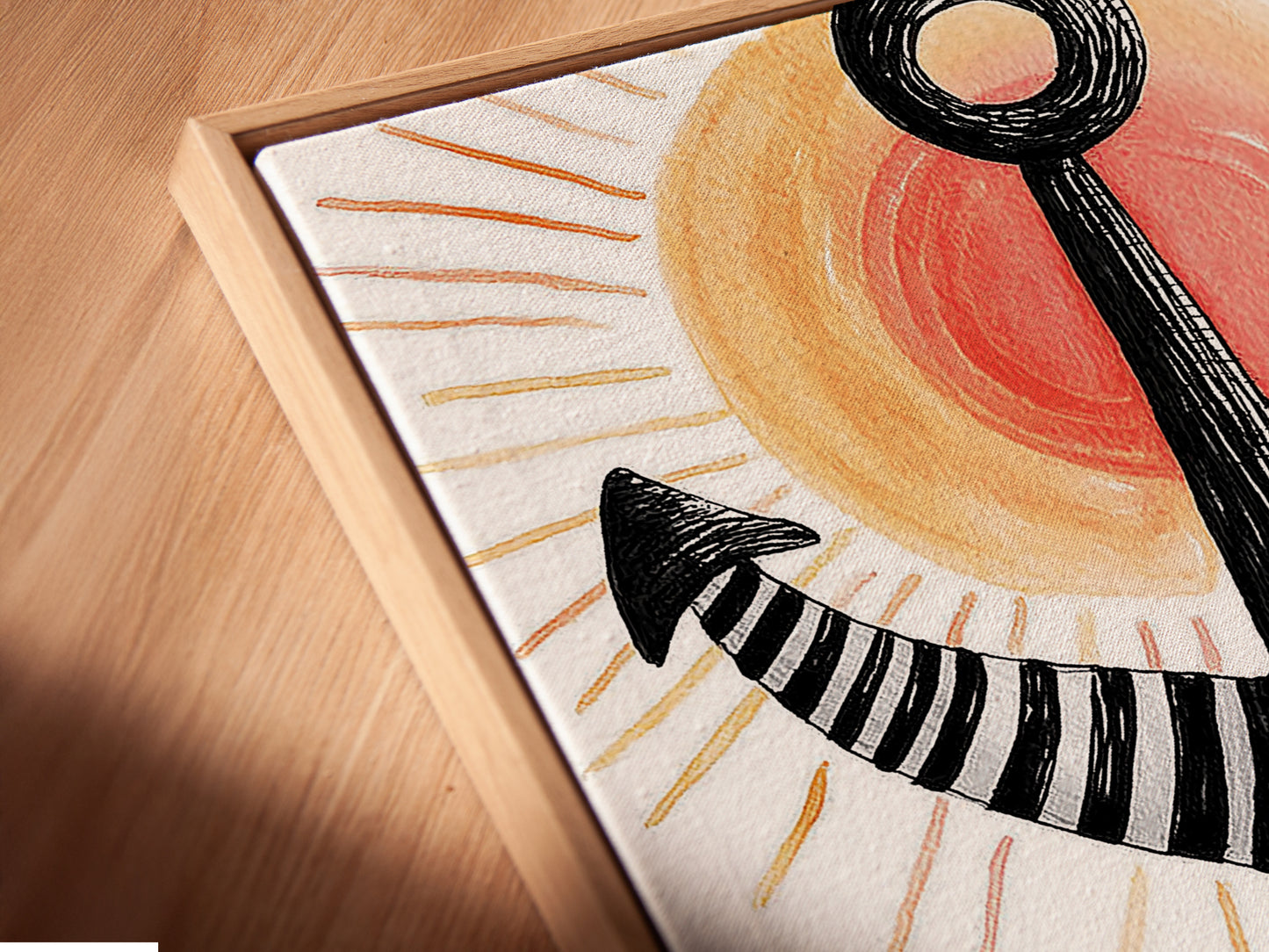 Angled close up of a canvas print in a floating frame. The anchor artwork appears to float adding depth to the wall art. The navy blue waves are vibrant. This piece is perfect for adding a modern touch to any room. Its ideal for homeowners and interior designers alike. Bring coastal vibes to your living space with this unique piece.