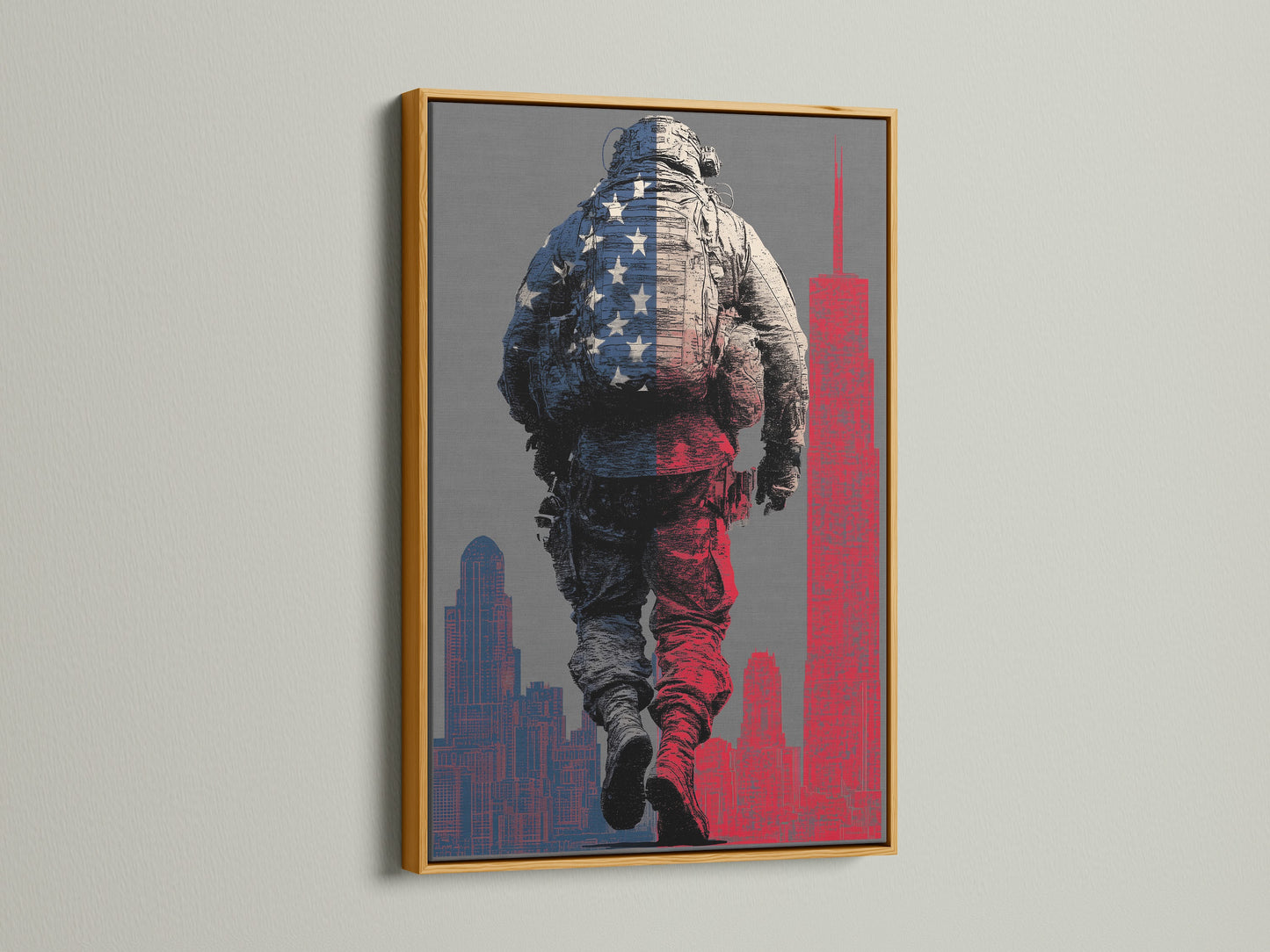 American Soldier art displayed in a gold frame. This patriotic canvas print shines. The military decor is perfect for any space. Show respect with this veteran memorial artwork.