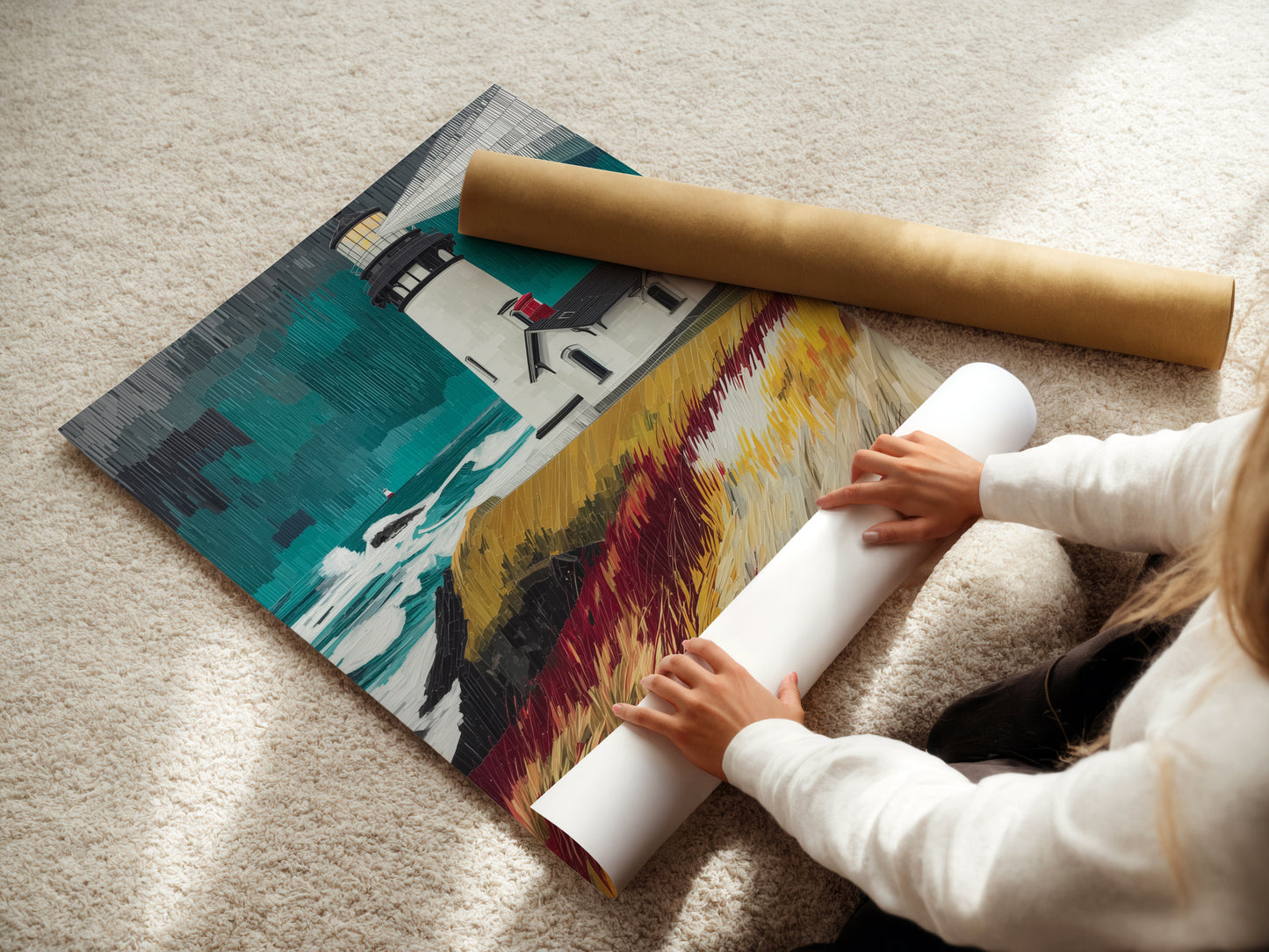A woman is carefully rolling a fine art poster paper. The lighthouse coastal artwork is being prepared for display. This nautical seascape print offers a high-quality option for art enthusiasts. The fine art poster paper ensures vibrant colors and sharp details. Perfect for those seeking a refined ocean painting for their home or office.