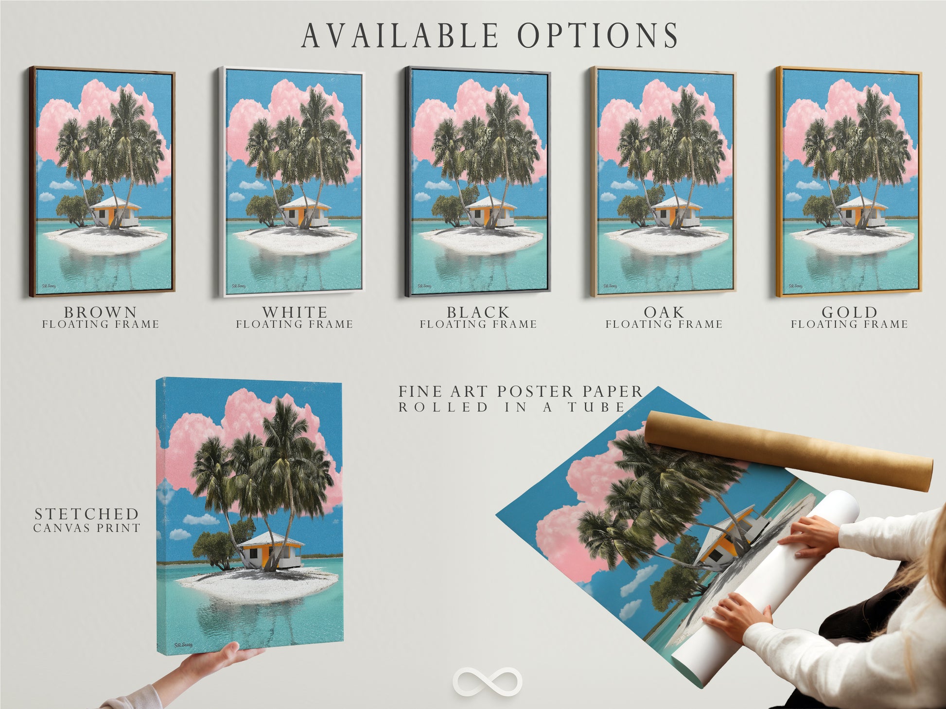 Explore available options for our tropical island artwork. Choose from stretched canvas prints fine art poster paper or floating frames. Each option offers a unique way to display this coastal artwork. Bring the serene beauty of the islands into your home today.