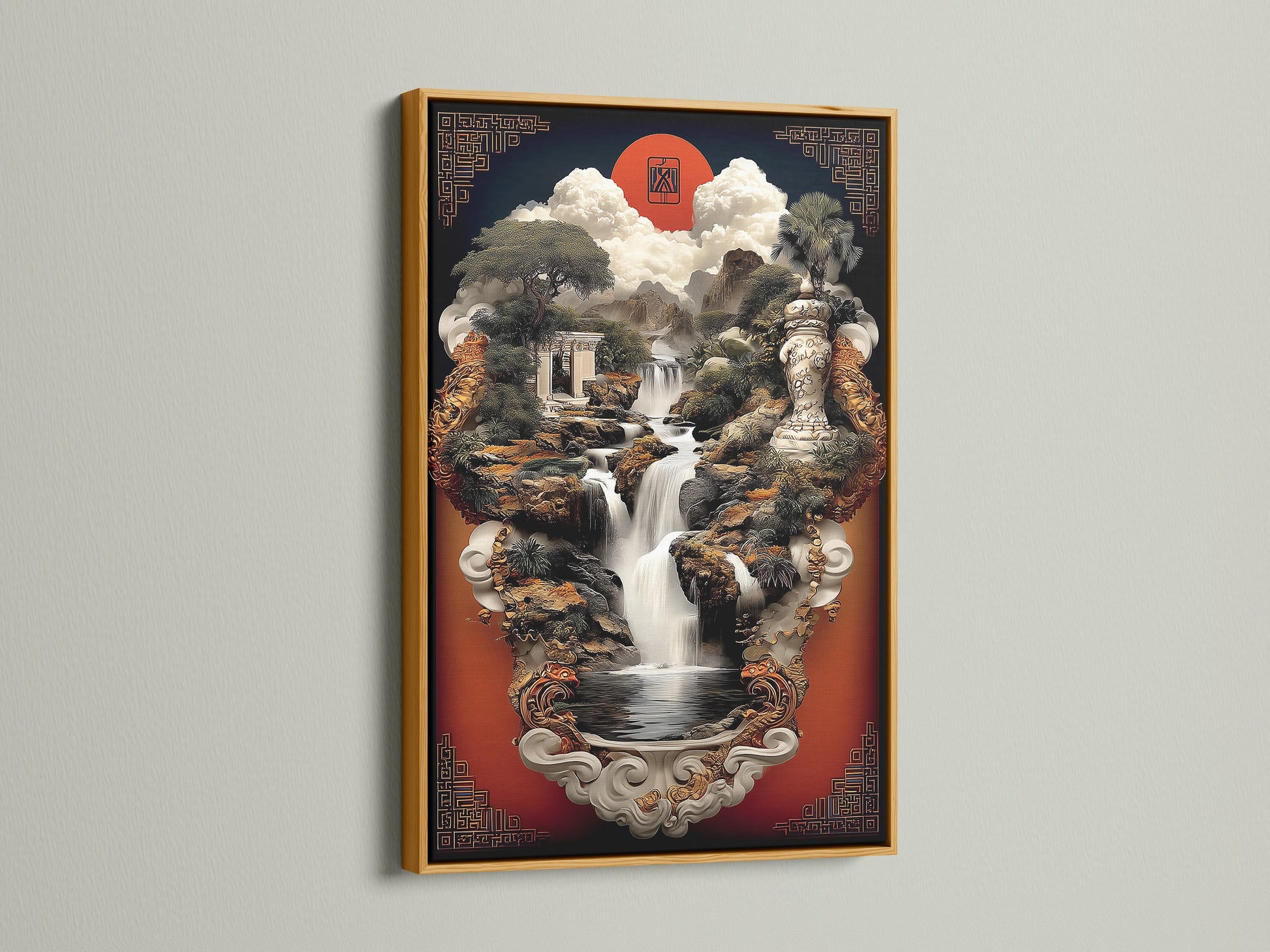 Gold frame presents an Asian Zen Garden Wall Art. This oriental print offers serene scenery. Ideal for meditation decor and spiritual artwork. Explore how this calming art enhances your space. A tranquil water feature art.