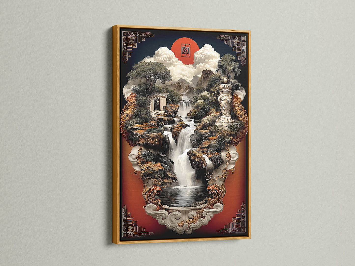 Gold frame presents an Asian Zen Garden Wall Art. This oriental print offers serene scenery. Ideal for meditation decor and spiritual artwork. Explore how this calming art enhances your space. A tranquil water feature art.