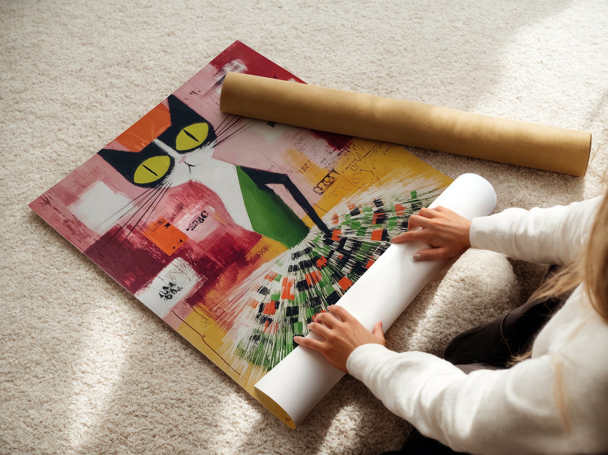 A woman carefully rolls a fine art poster paper featuring Abstract Cat art. This colorful animal artwork is perfect for nurseries and kids' rooms. The modern folk art style adds a unique touch. Get your cat artwork today.