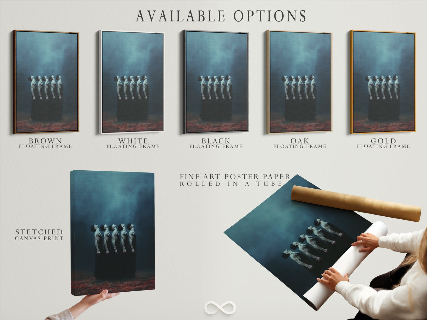 This image showcases the available options for the surreal figures artwork. Options include a stretched canvas print fine art poster paper and floating frame. Each option offers a unique way to display this ethereal human form artwork. Choose the perfect format to complement your decor.