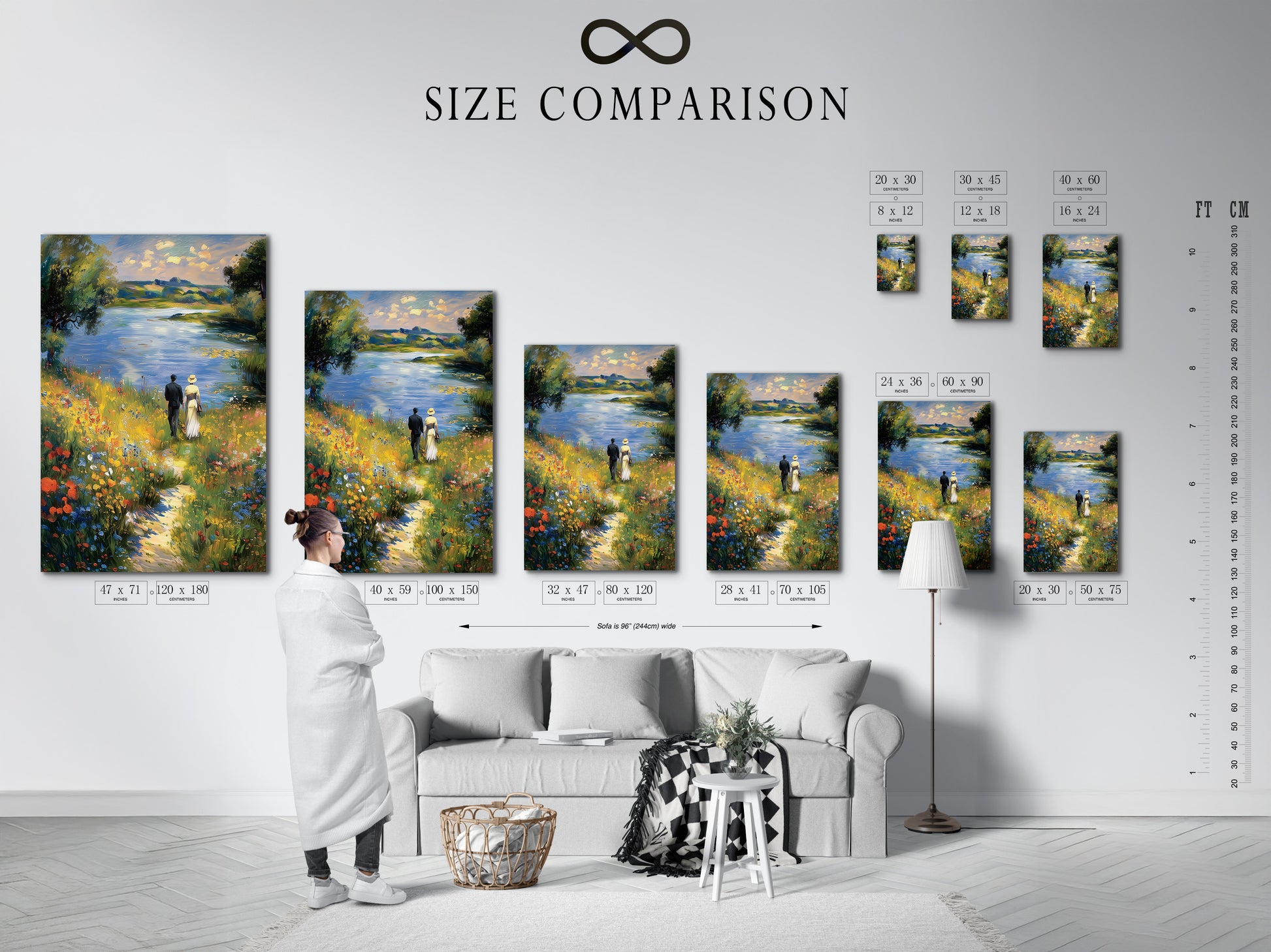 Size comparison chart in an interior setting. Find the perfect size for your space. See how different sizes look on a wall. This chart helps you visualize your art. Choose the best fit for your room.