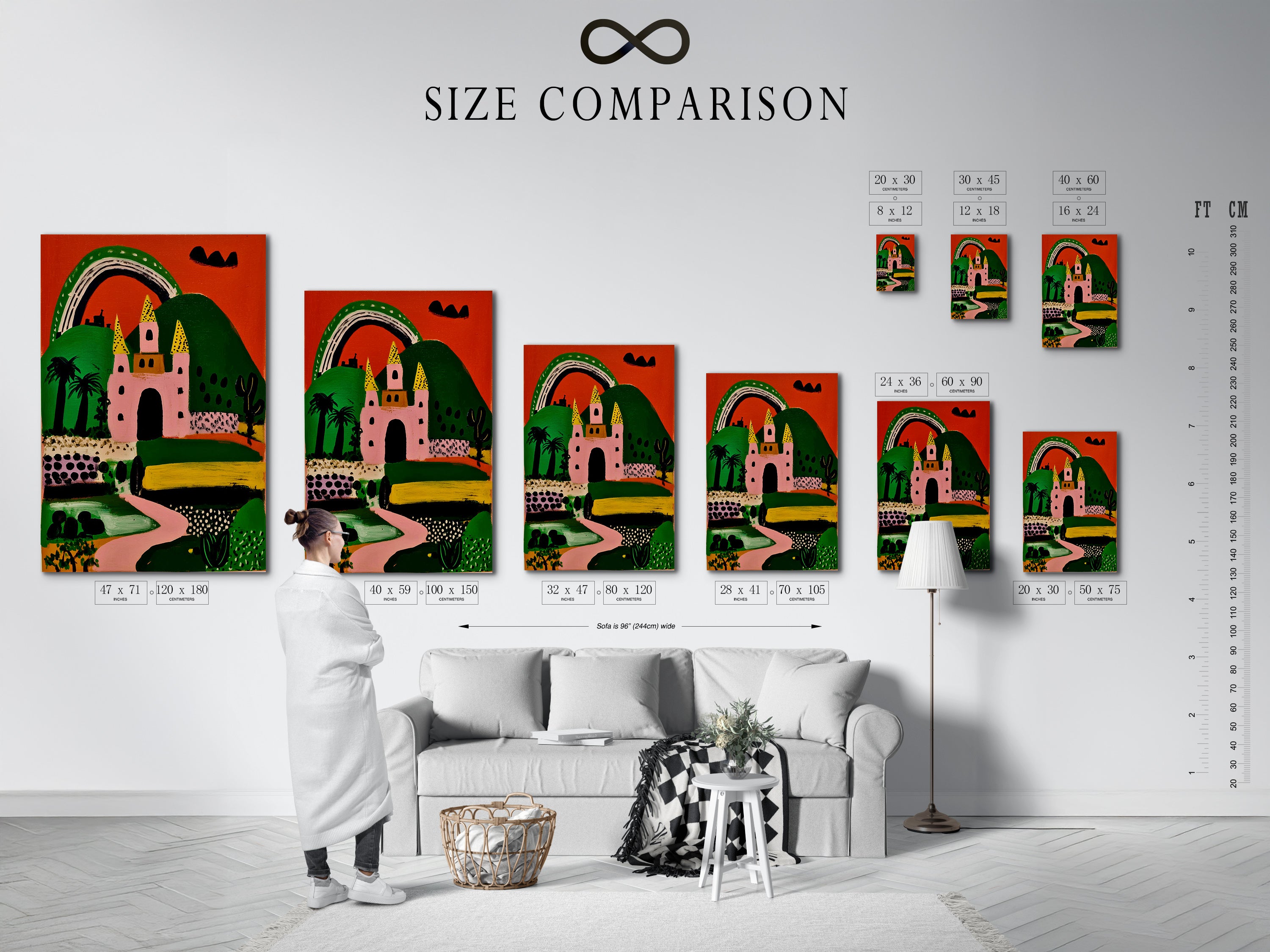 A size comparison chart in an interior setting. It features the pink and green fairytale castle artwork. This whimsical print is available in various sizes. It is perfect for different spaces. Find the ideal fit.