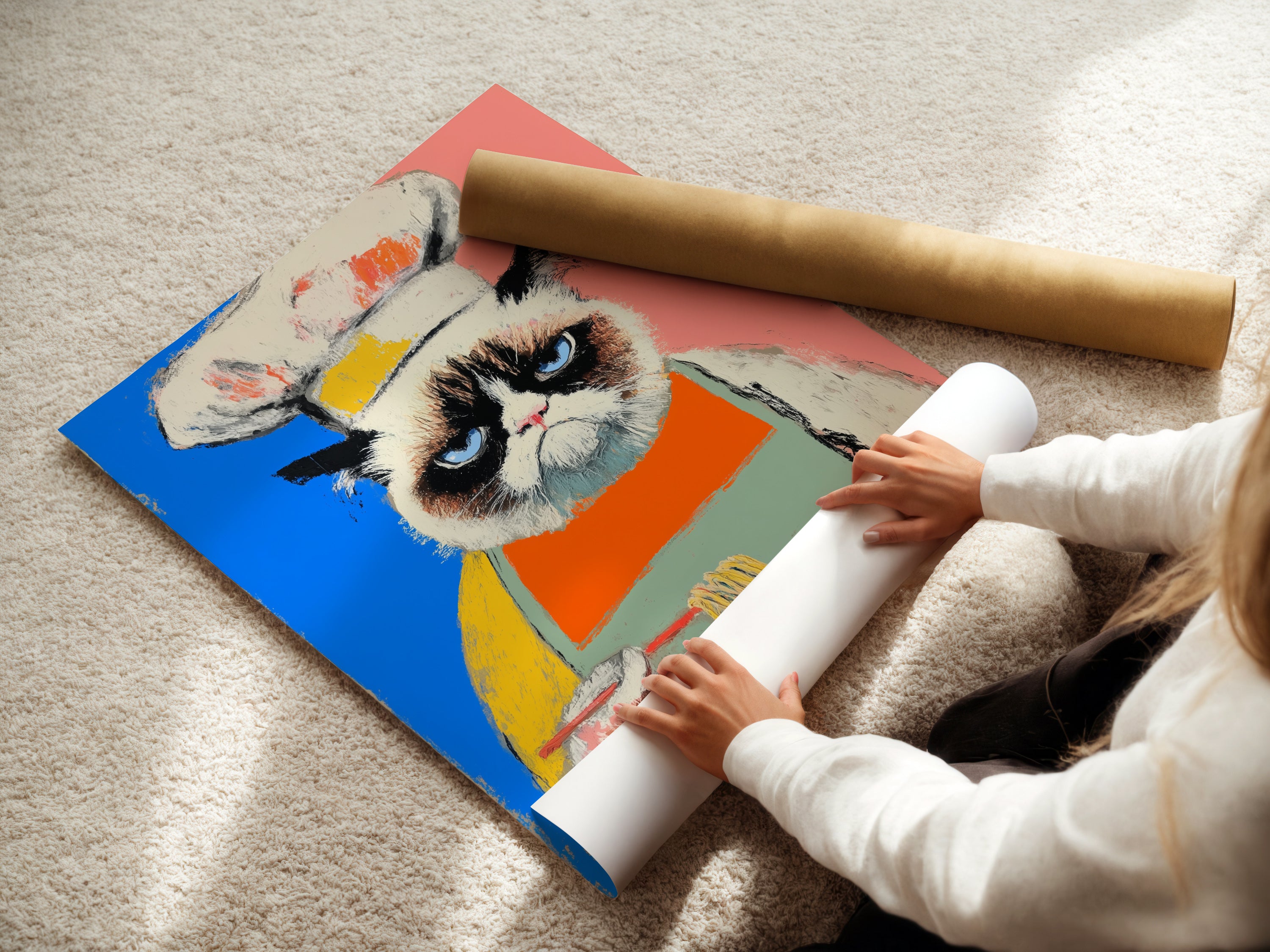 A woman is rolling fine art poster paper for a chef cat artwork. This funny kitchen print is a colorful pop art poster for the dining room. This elevated wall art will fit modern styles.