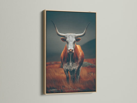 This is a stunning Scottish Cow print displayed in an oak frame. The rustic farm animal artwork adds a touch of country charm to your dining room decor. The natural wood grain complements the artwork beautifully enhancing its rustic appeal