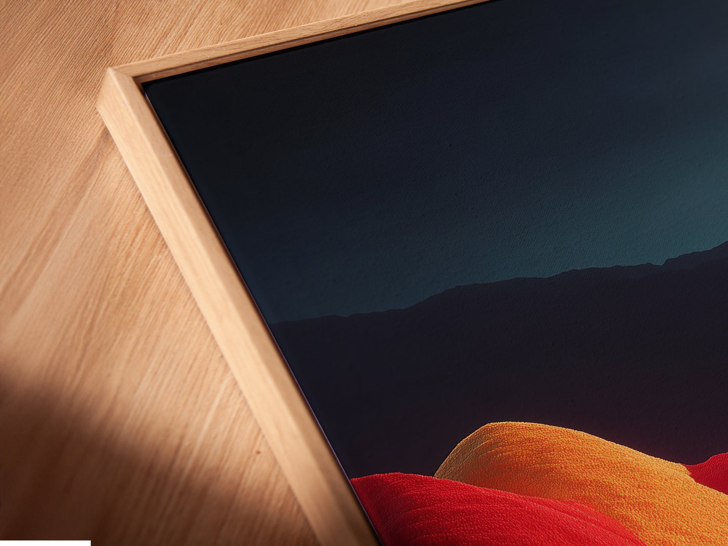 Close-up of a Surreal Train Ride canvas print in a floating frame. The angle showcases the artwork's details. It is a colorful landscape wall art. This whimsical journey artwork is perfect for game rooms. The vivid colors and unique design make it stand out.