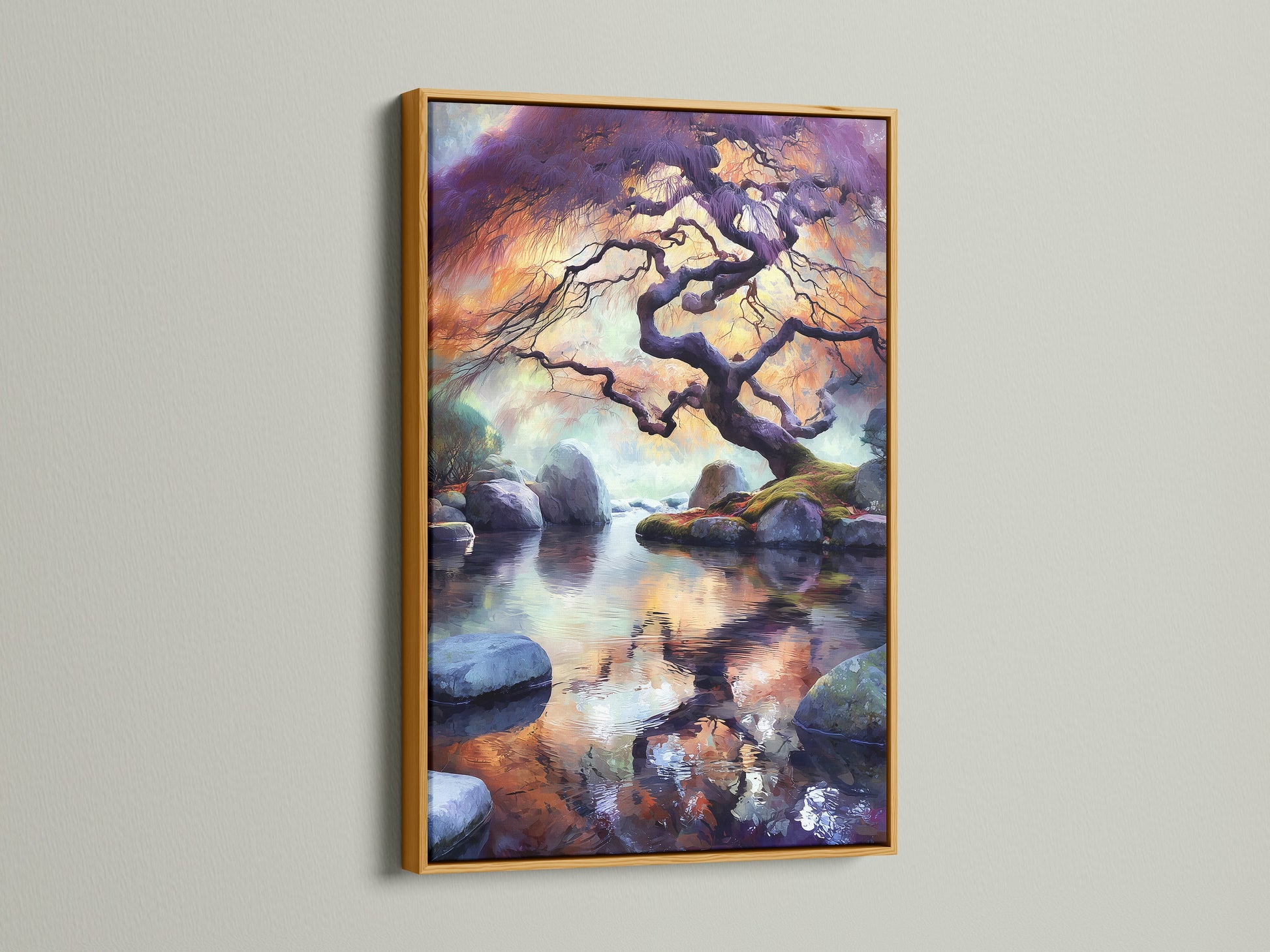 Here is a Japanese Tree Canvas Print in a gold frame. The artwork brings an element of sophistication. The zen water reflection creates a calming ambiance. The Asian landscape artwork is ideal for creative workspaces. This tranquil artwork is a great addition.