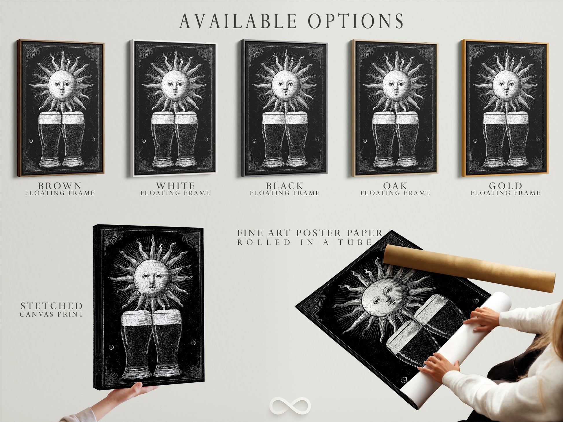 Available options for your artwork. Choose between a stretched canvas print fine art poster paper or a floating frame. Customize your vintage sun illustration art. We offer various options to suit your style. Personalize your art today.