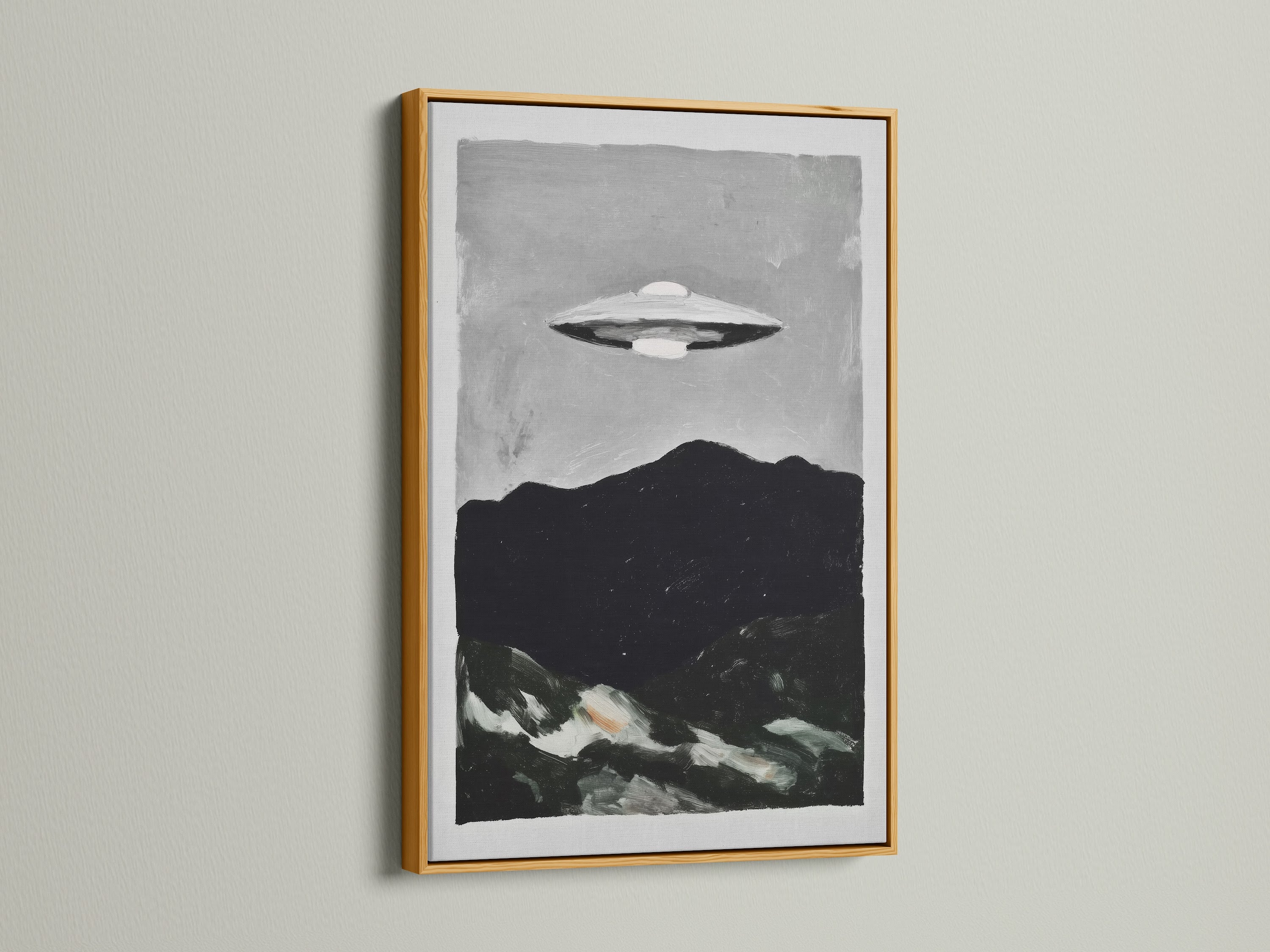 UFO Sci-Fi art print in a gold frame. The gold frame enhances the vintage space print. Perfect for living room wall art bedroom wall decor or office wall art. The secondary color is gray.