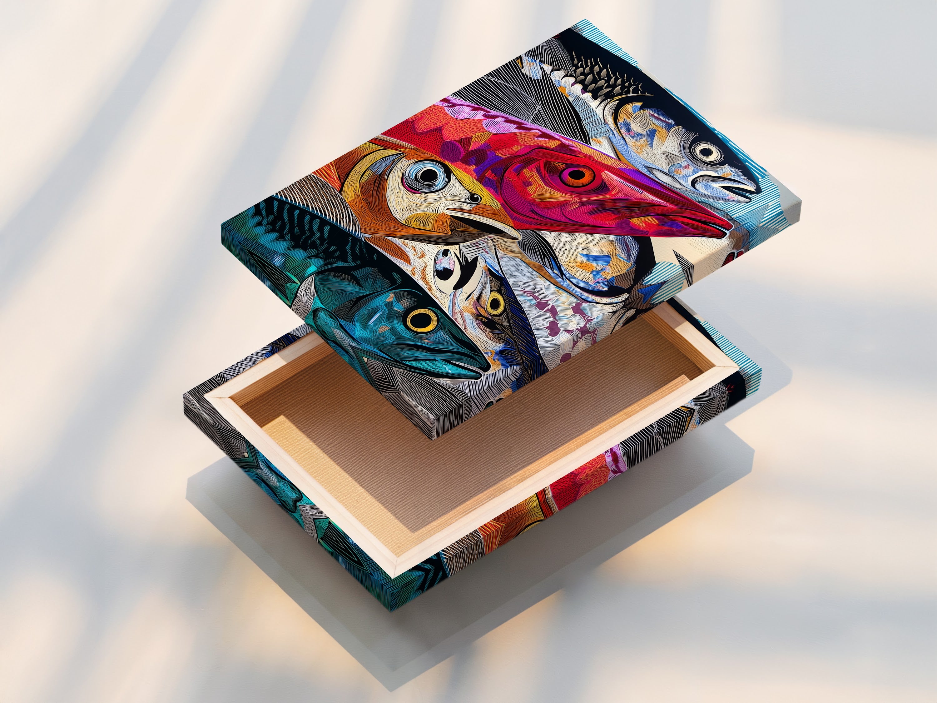 This is a stretched canvas print of colorful fish art. This modern marine life artwork is ready to hang. The abstract ocean wildlife poster will brighten any space. This nautical wall art is perfect for coastal homes. The stretched canvas provides a gallery-ready look. This vibrant piece will transform your living room or kitchen.