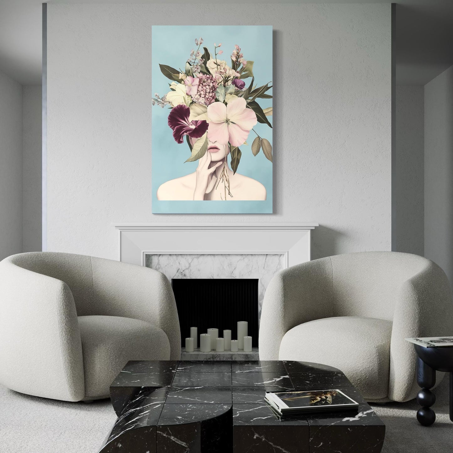 Abstract female form painting showcasing lush botanical accents in soft color tones, transformed into a stunning wall art piece for chic settings.