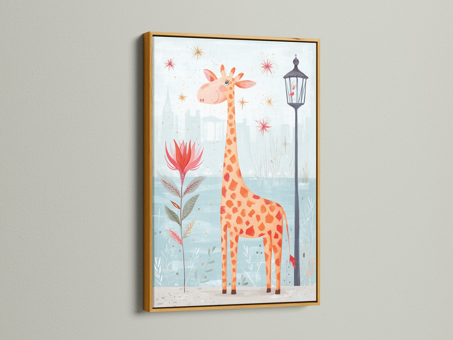 A cheerful giraffe art print is beautifully displayed in a gold frame. The artwork will add a touch of glamour to a baby's room. Gold frames create a luxurious feel for childrens art. Explore this cute animal art.