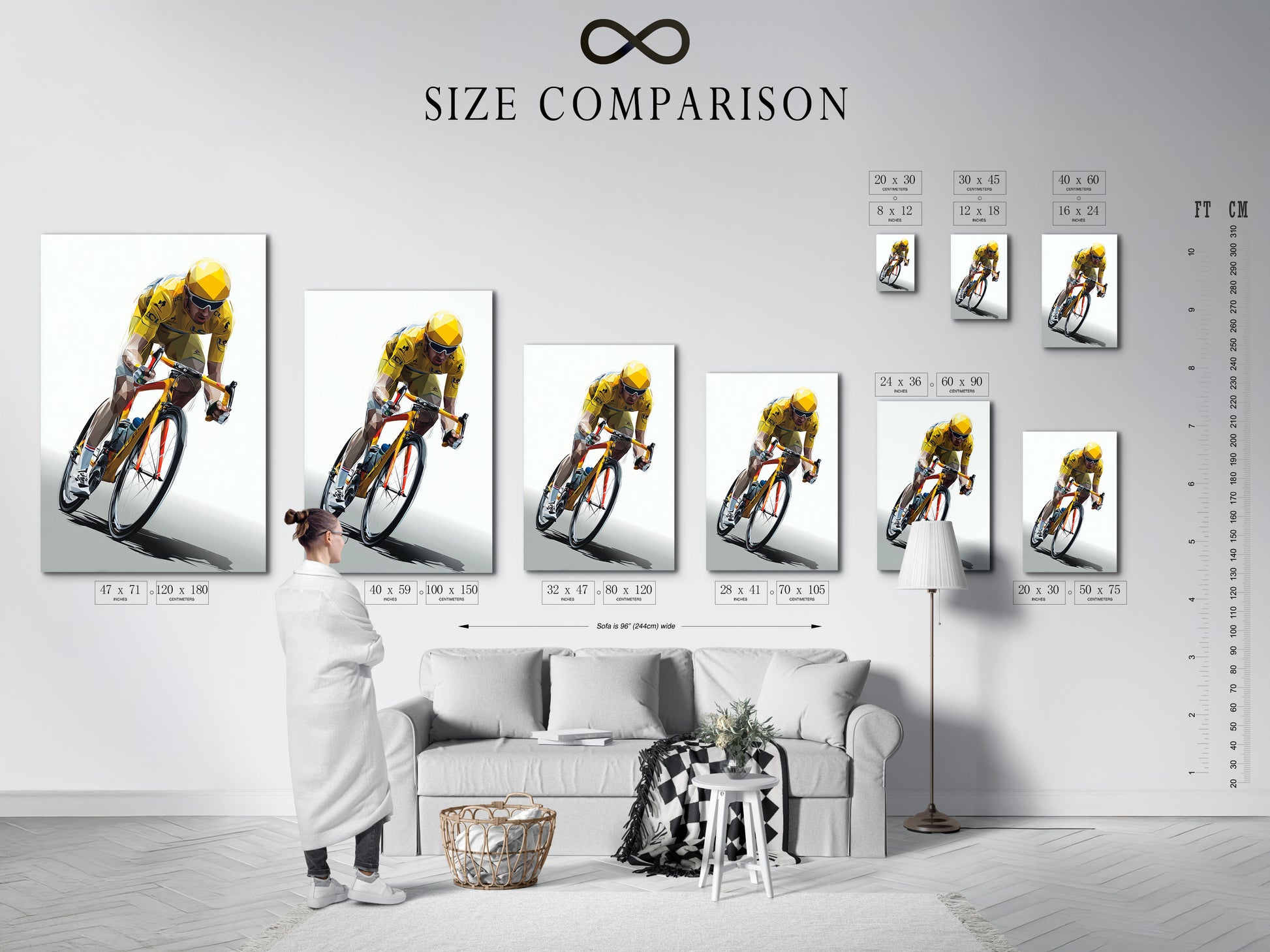 A size comparison chart is displayed in an interior setting. See how different print sizes look in a real room. Helps you visualize the perfect size for your space.  Find the ideal artwork size for your home.  This chart makes selecting the right size easy.  Browse our size options.