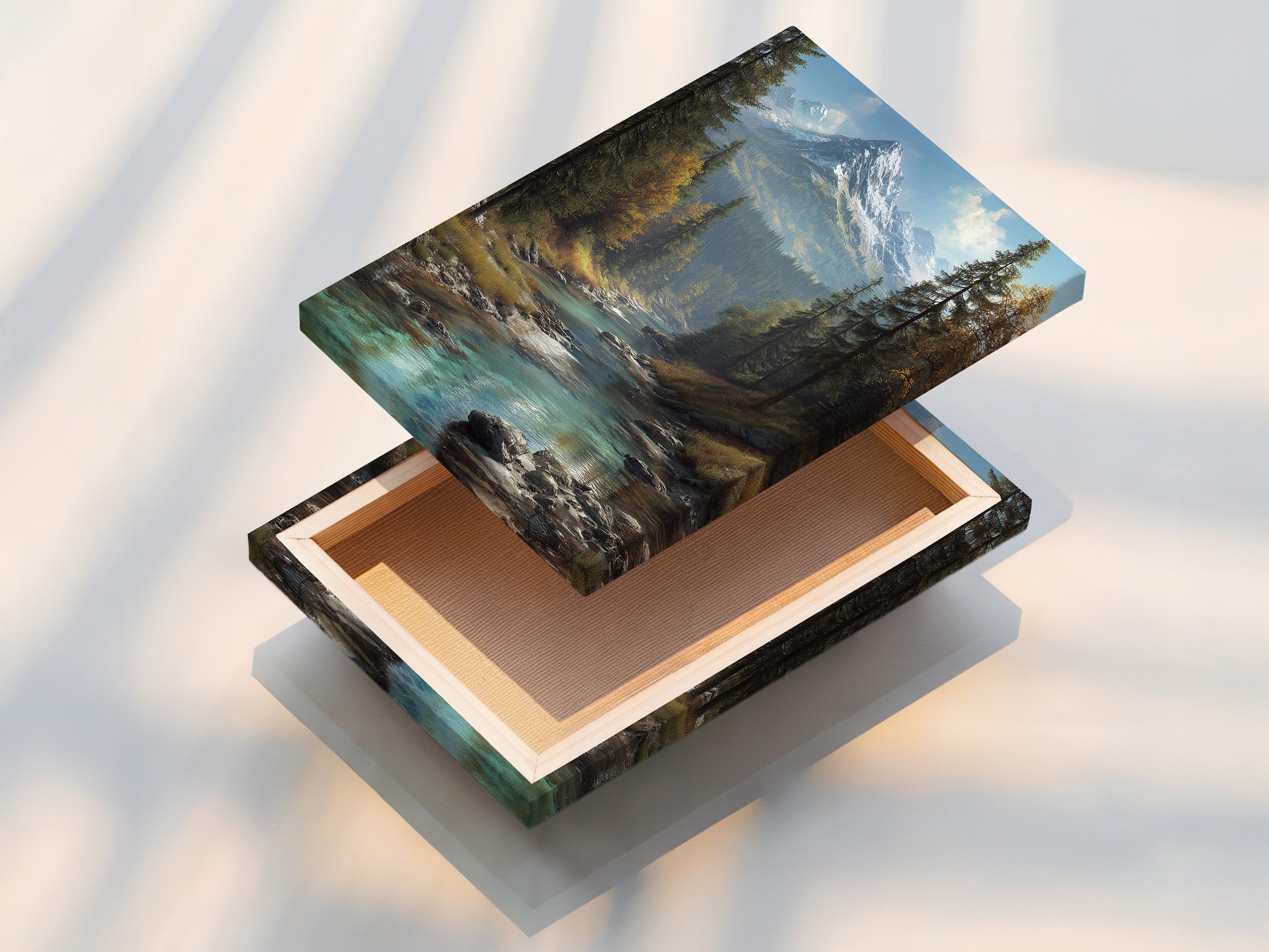 A stretched canvas print of mountain river art. The alpine landscape wraps around the edges. The turquoise water art appears vibrant and immersive. Stretched canvas prints are perfect for a gallery-wrapped look in any space.