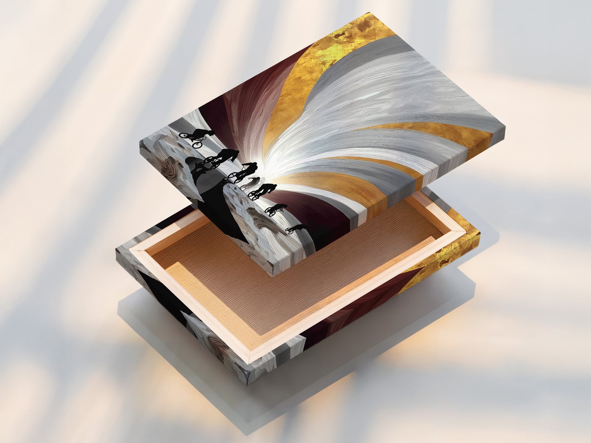 A stretched canvas print of cyclist artwork. This modern piece features cyclists in silhouette against an abstract background. The stretched canvas is ready to hang. Perfect for adding modern art to your space.