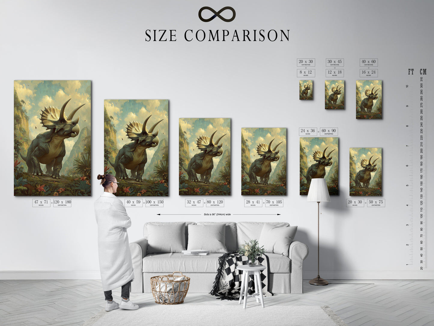 A size comparison chart is presented in an interior setting. This chart helps visualize the different sizes available for art prints. It aids in making informed decisions about artwork dimensions. The interior setting provides perspective. Choose the perfect size for your space.