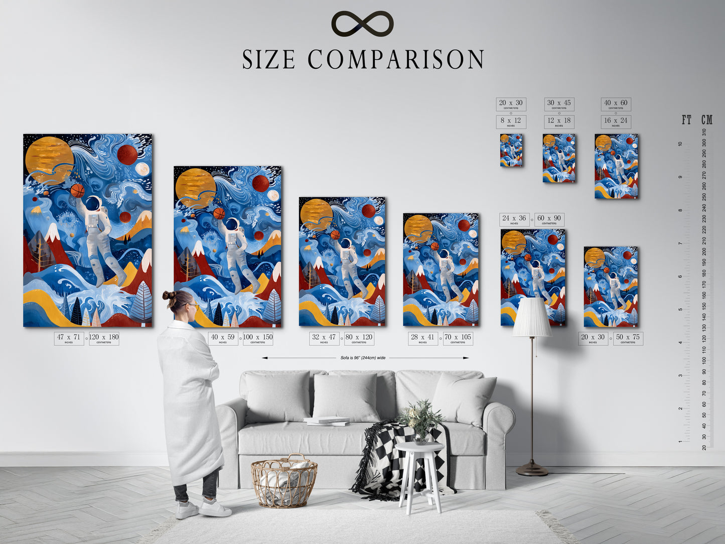 A size comparison chart is displayed in an interior setting. The chart features the astronaut basketball canvas print. The art provides a visual guide for selecting the perfect size. It is ideal for kids rooms teen rooms or nurseries.