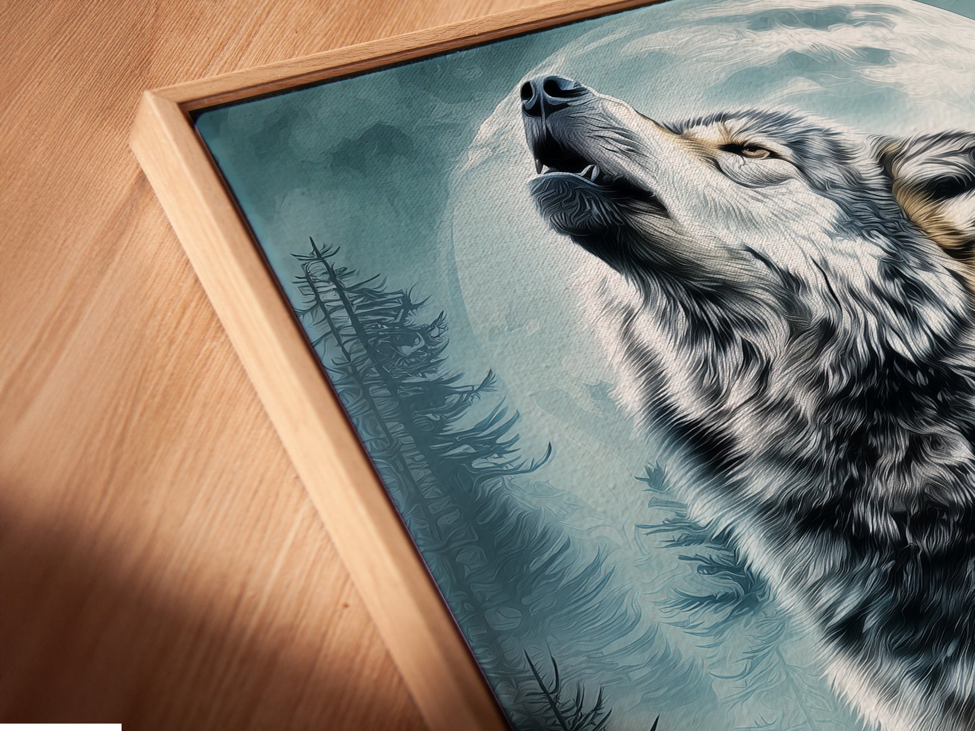 An angled close-up reveals a canvas print in a floating frame. The frame enhances the artwork's depth. It gives the art a gallery-like appearance. The wolf art appears to float. It adds a modern touch to any room.