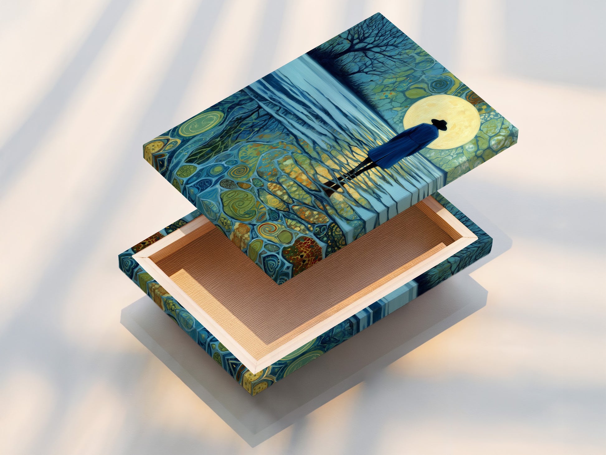 A stretched canvas print of Moonlight Reflection. The canvas texture enhances the artwork's depth. It is ready to hang and enjoy. The artwork brings a gallery feel to your home. A perfect addition to any space.